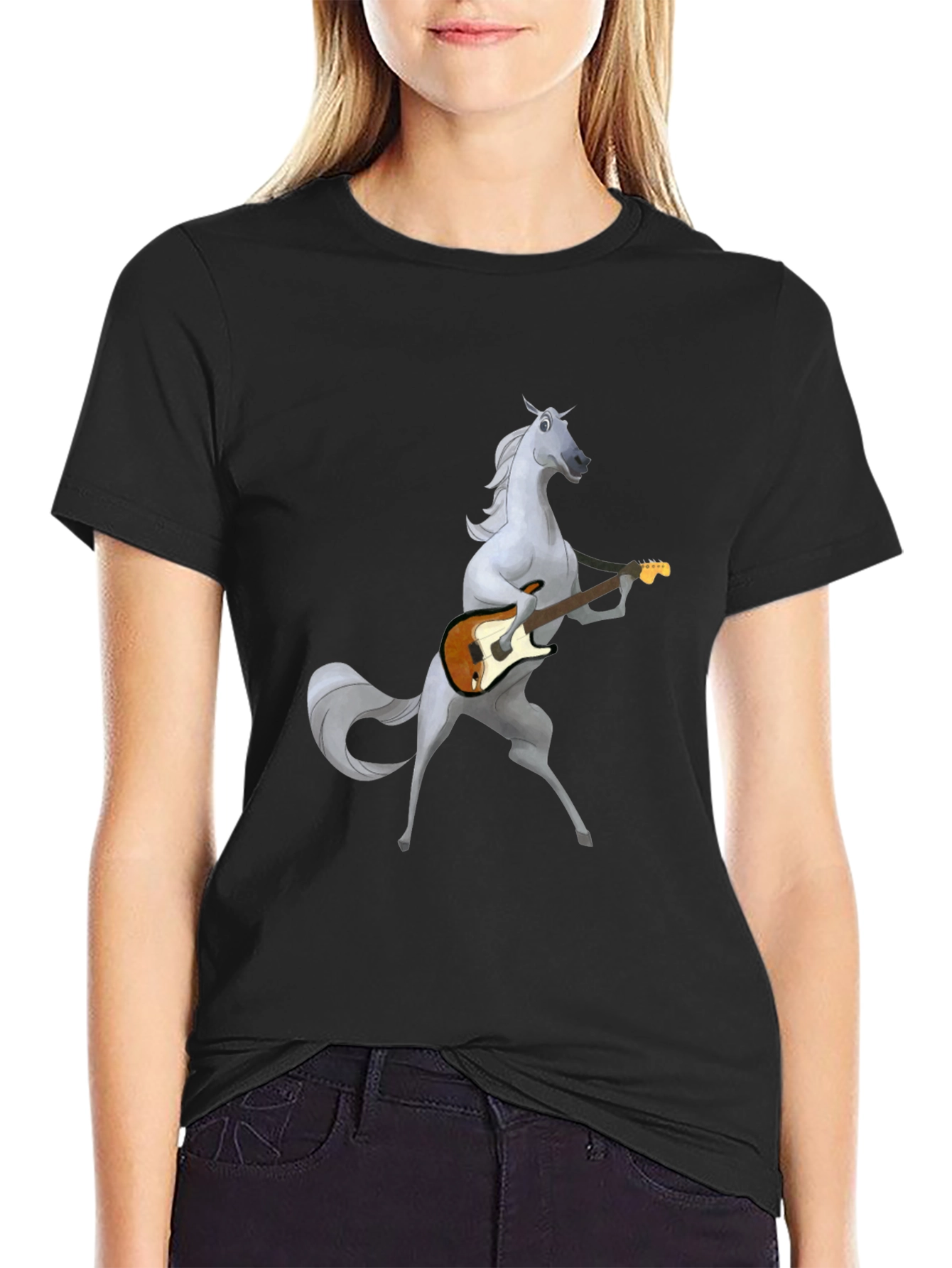 Horse Guitar Player Graphic Black T-Shirt