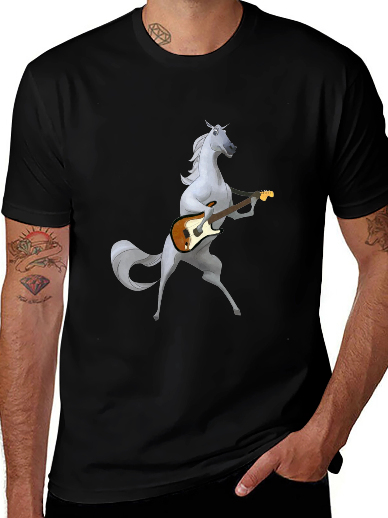 Horse Guitar Player Graphic Black T-Shirt