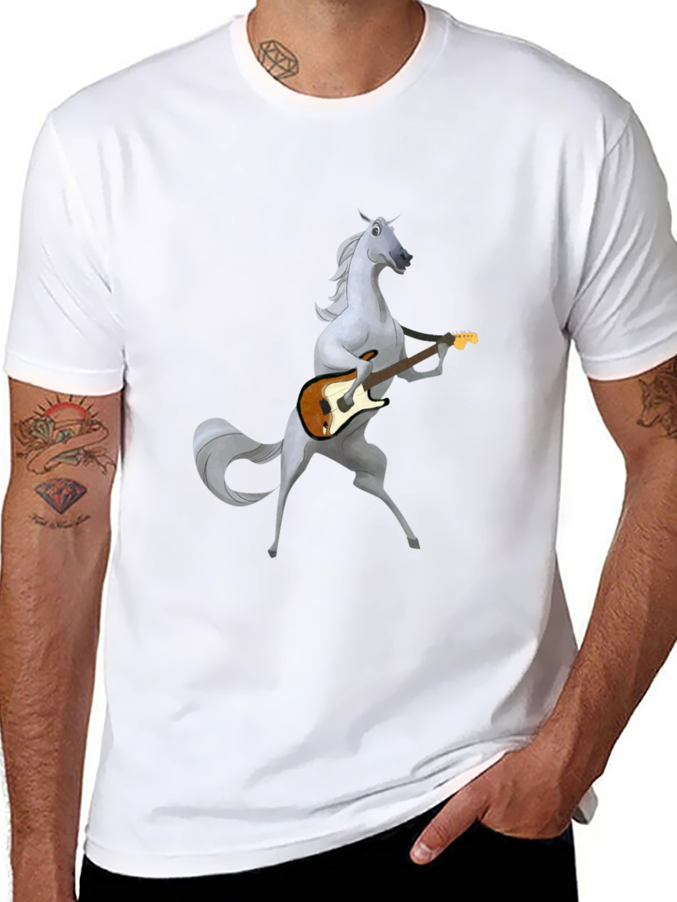 Horse Guitar Player Graphic Black T-Shirt