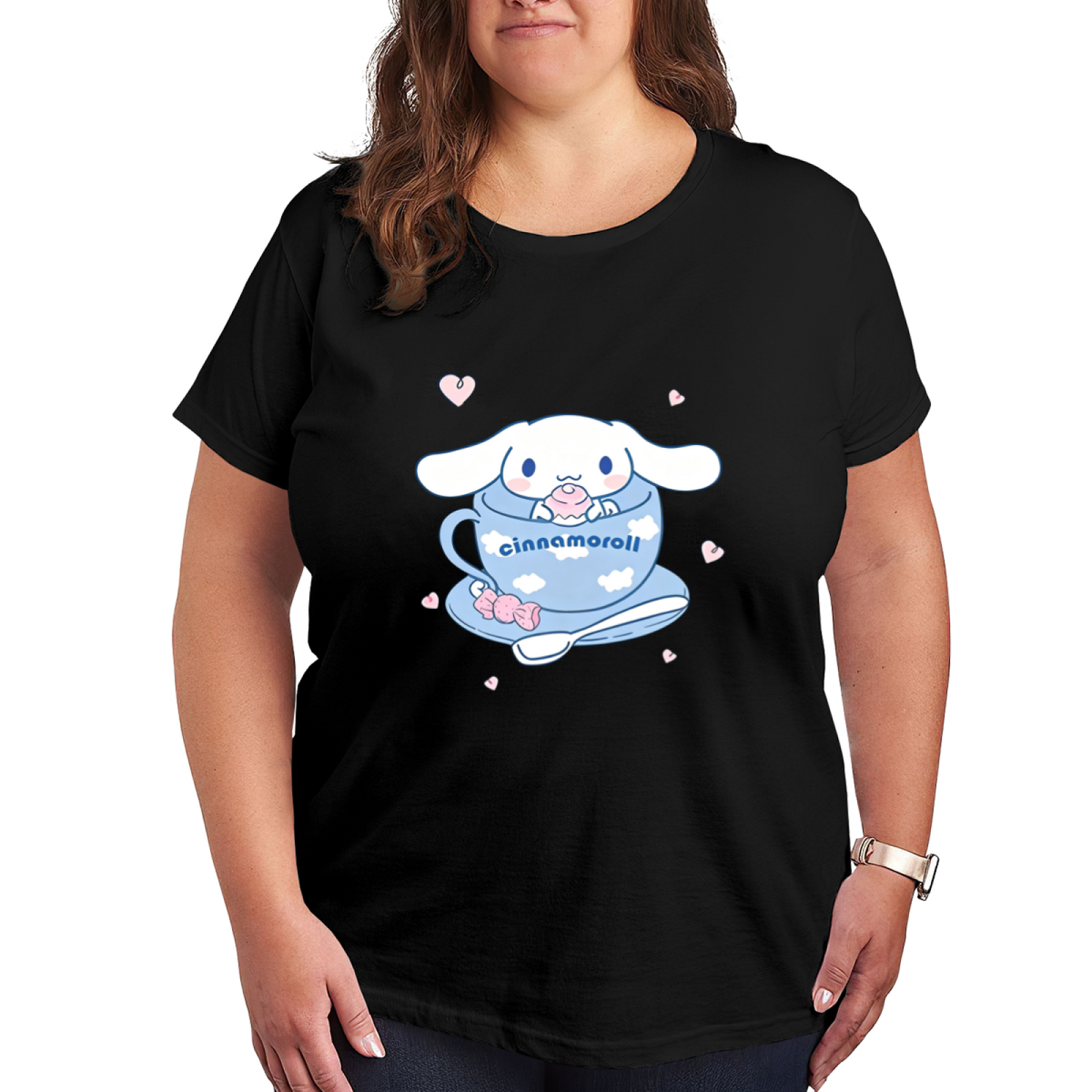 Plus Size Women Lovely Cinnamoroll Teacup Heart?Decor Plus?Size T?Shirt