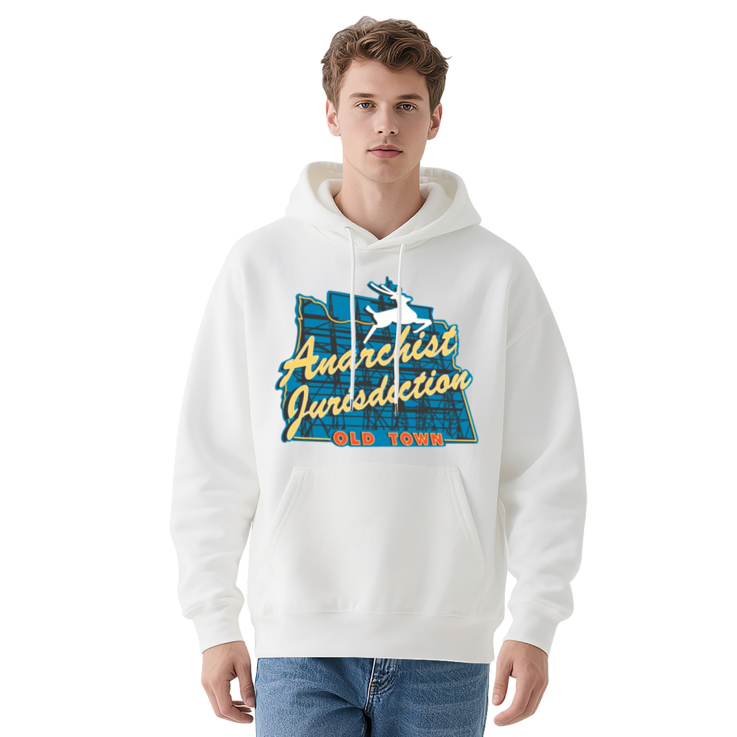 Anarchist Jurisdiction Old Town Deer Map Hoodie, Soft Comfort White Street Hoodie
