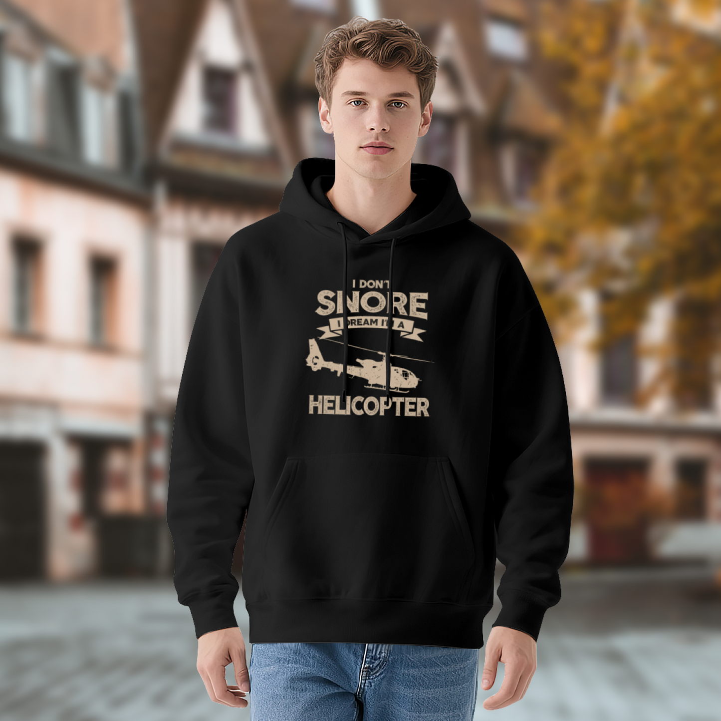 Funny Helicopter Snore Quote Hoodie, Men Comfort Vintage Print Black Hoodie