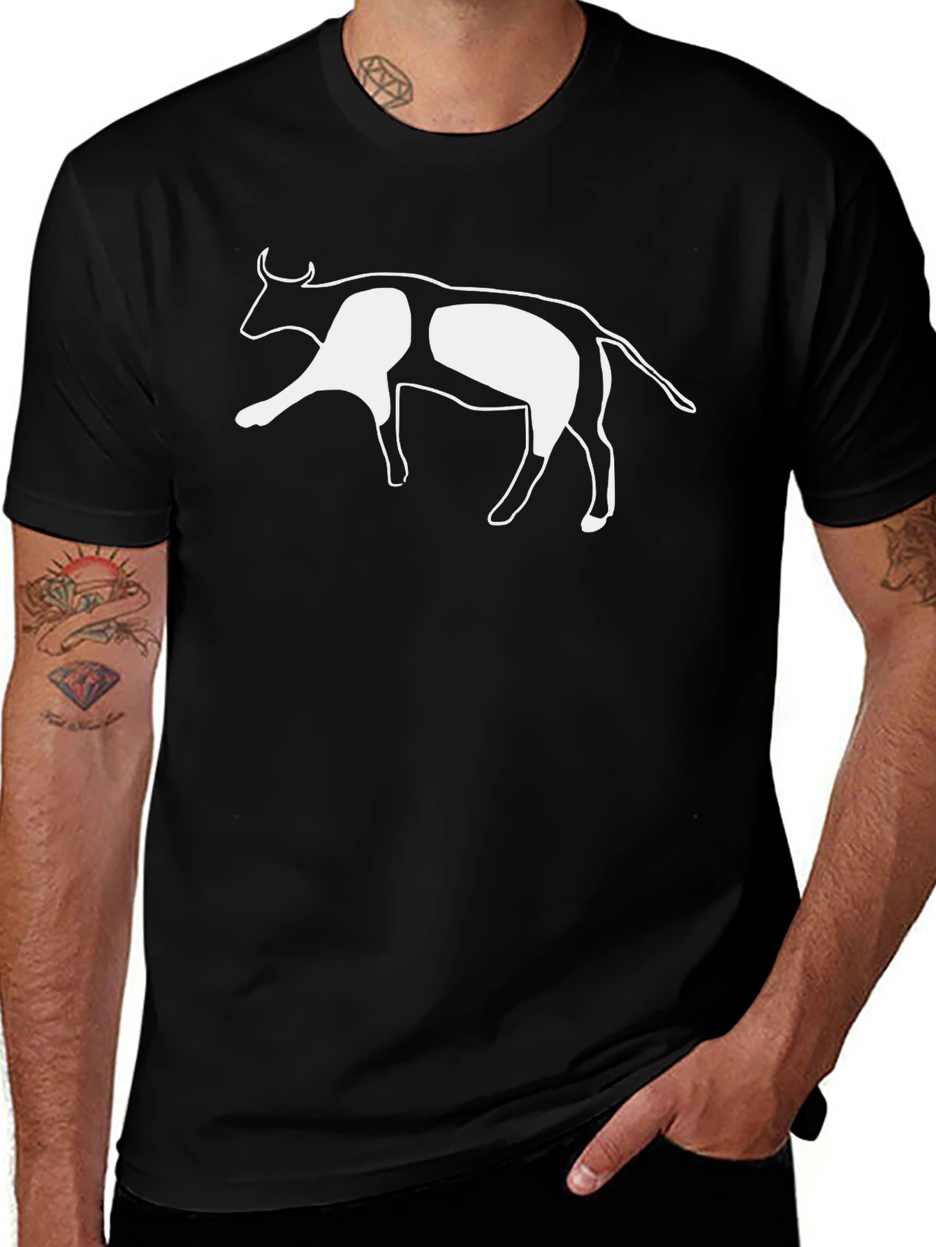 Black T-Shirt with White Cow Graphic