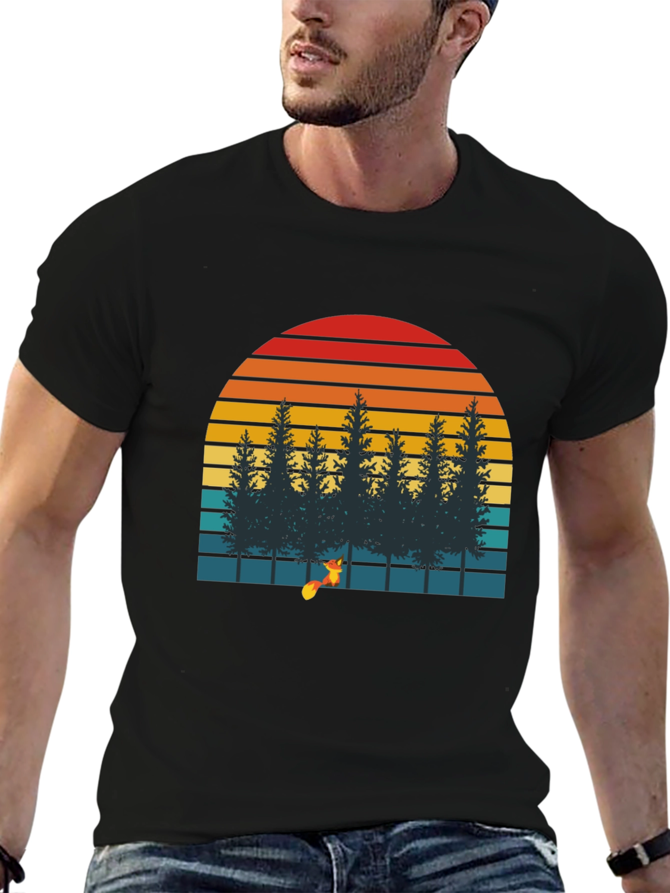 Retro Sunset Forest Fox Graphic T-Shirt