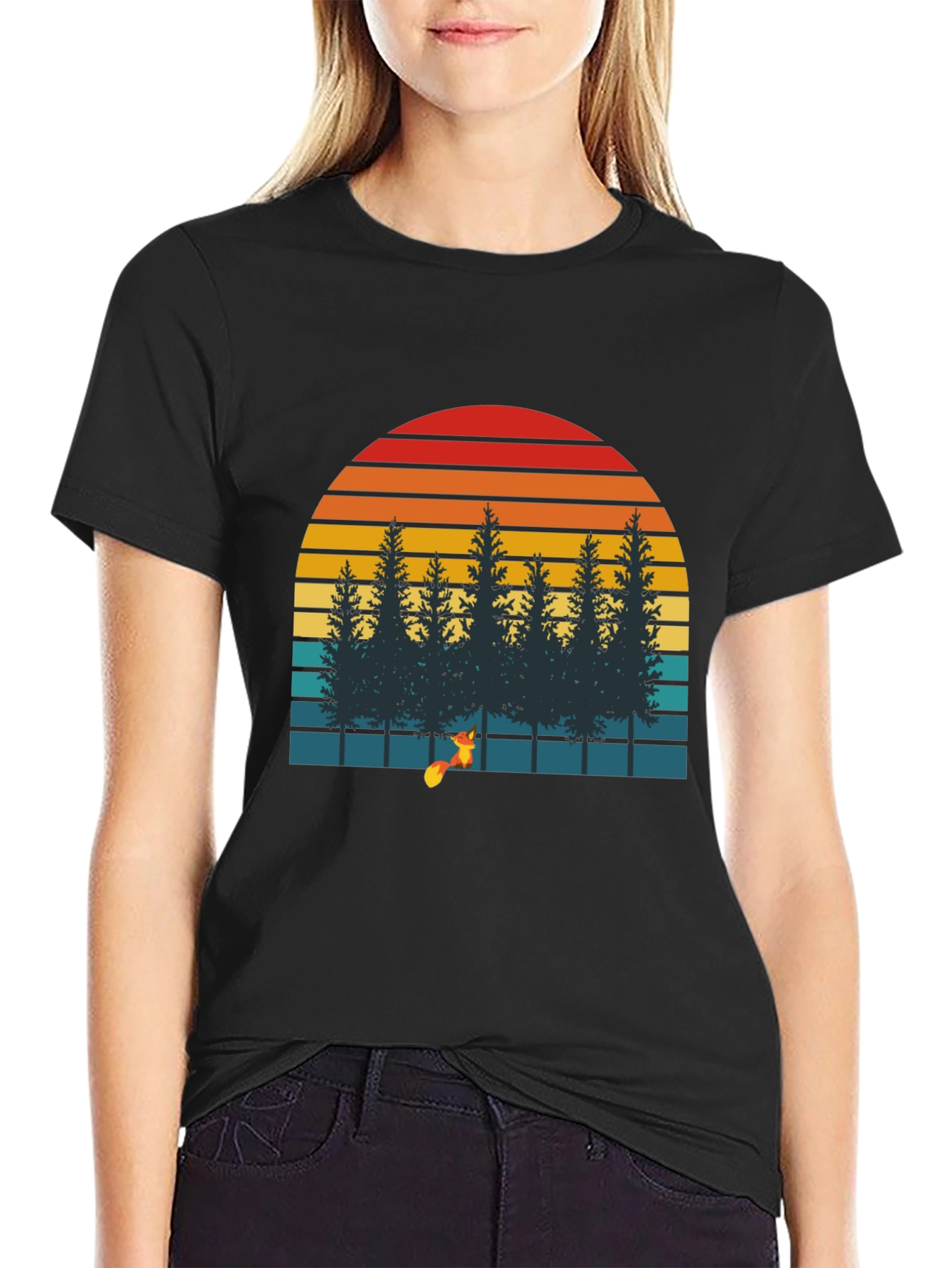 Retro Sunset Forest Fox Graphic T-Shirt