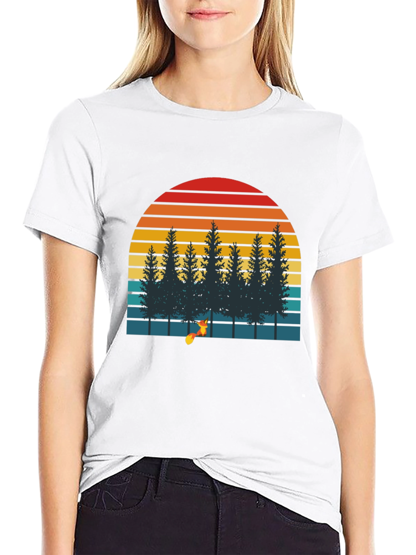 Retro Sunset Forest Fox Graphic T-Shirt