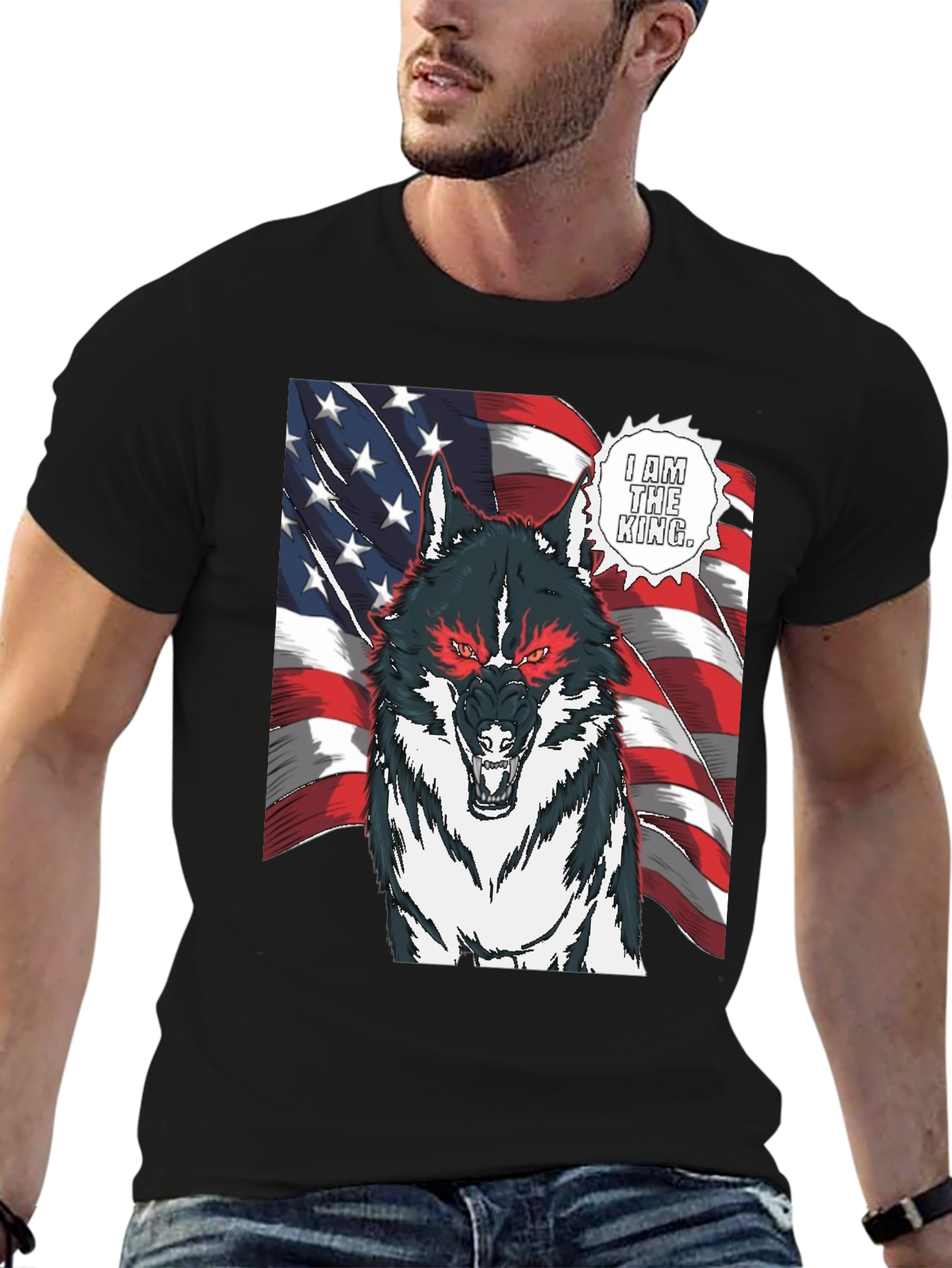 Wolf King American Flag Graphic T-Shirt