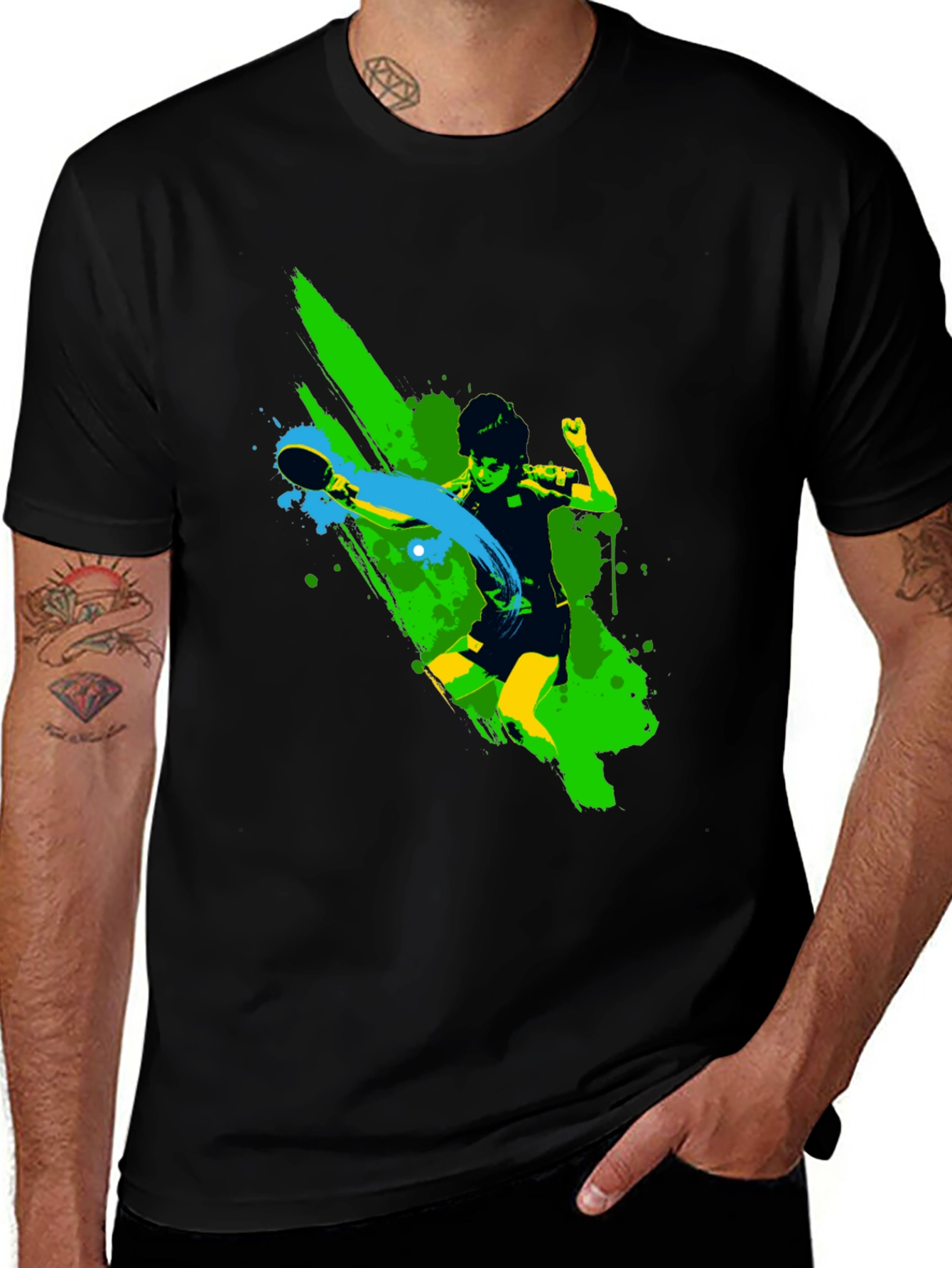 Ping Pong Player Graphic Black T-Shirt