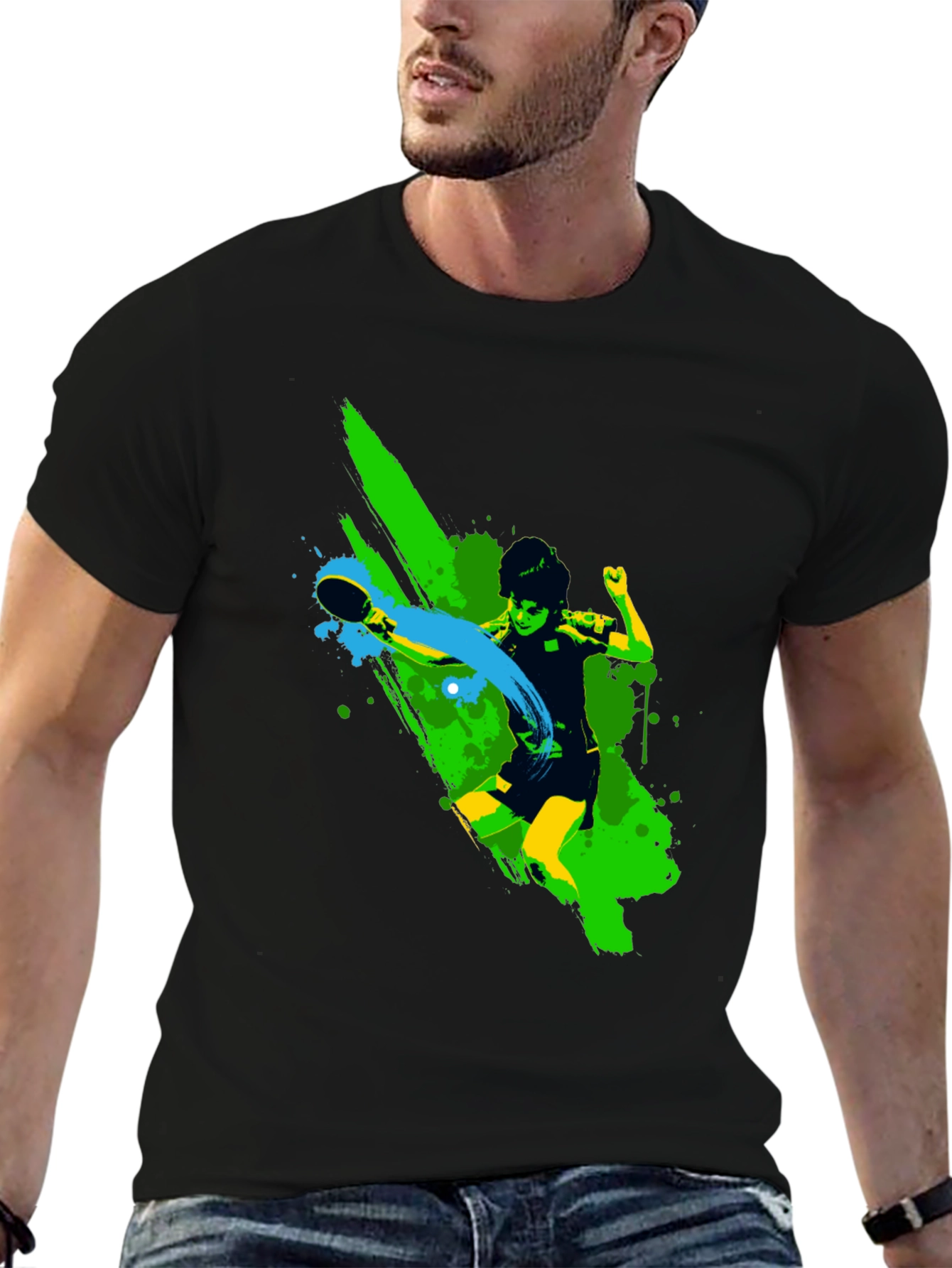 Ping Pong Player Graphic Black T-Shirt
