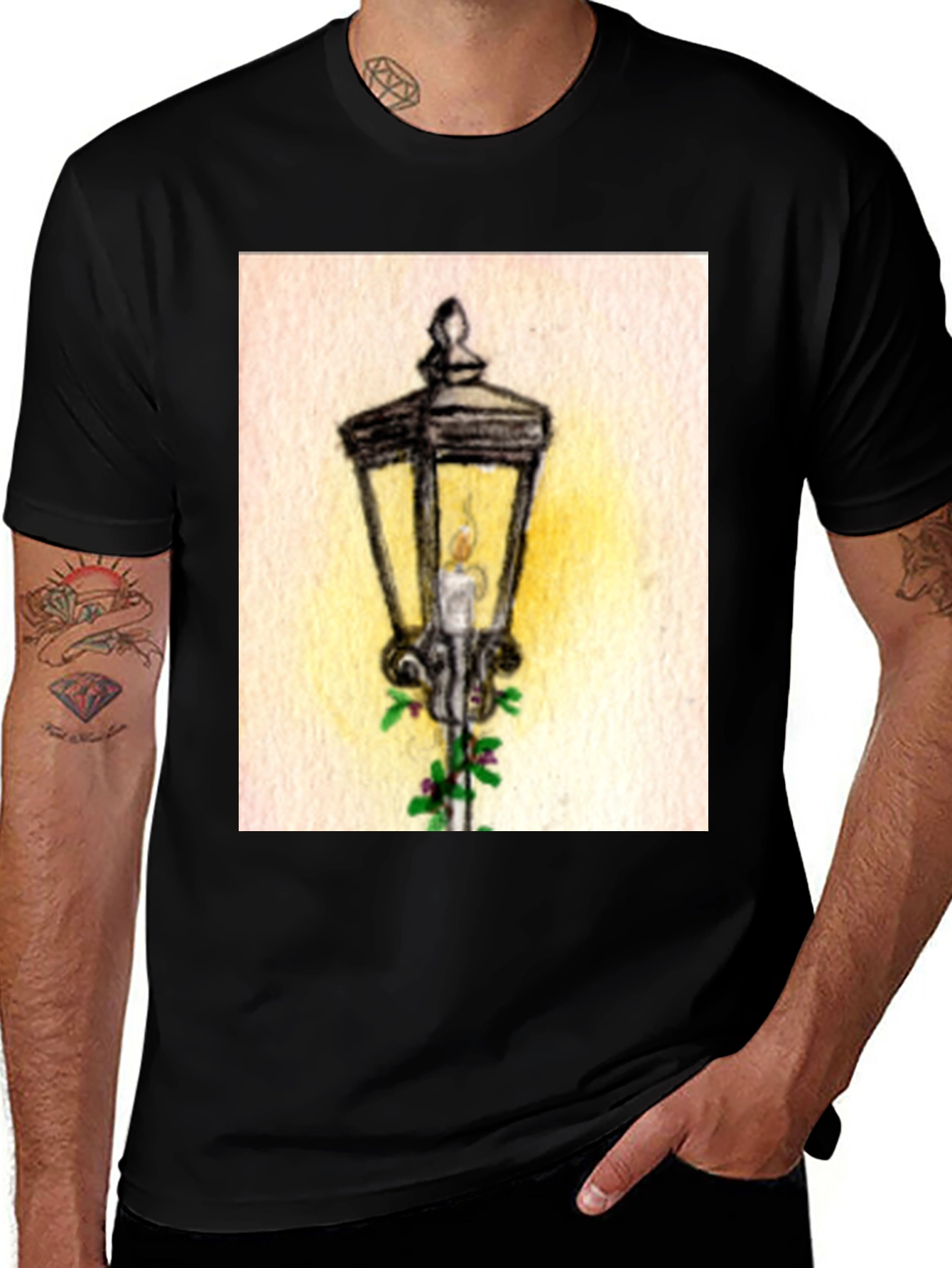 Whimsical Street Lamp Graphic Tee - Classic Black