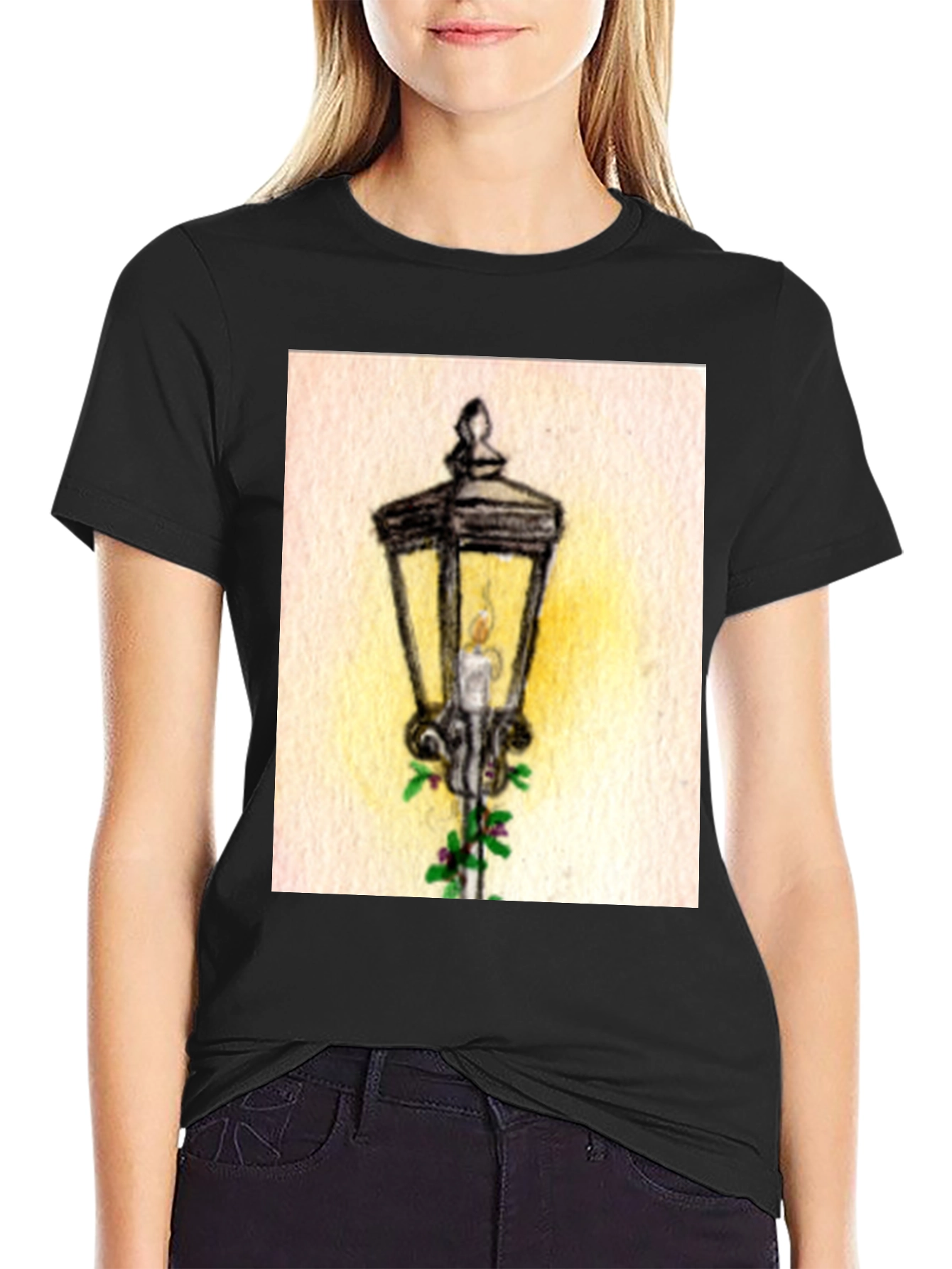 Whimsical Street Lamp Graphic Tee - Classic Black