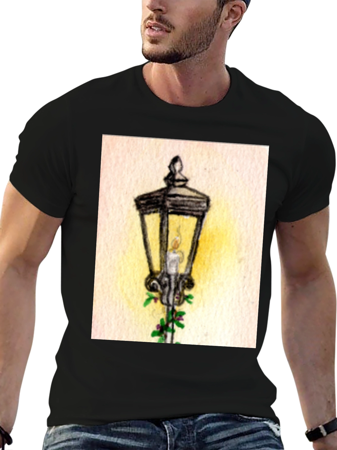 Whimsical Street Lamp Graphic Tee - Classic Black