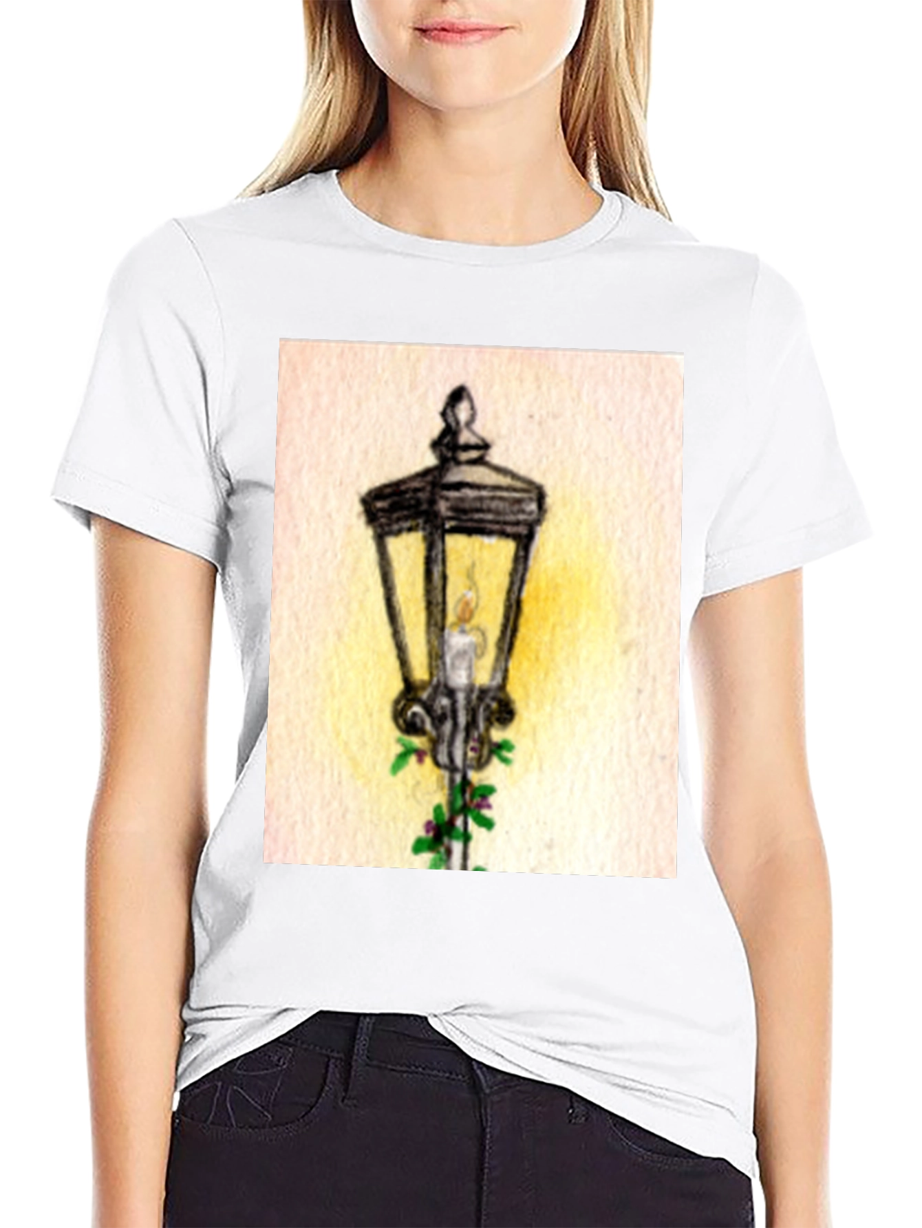 Whimsical Street Lamp Graphic Tee - Classic Black