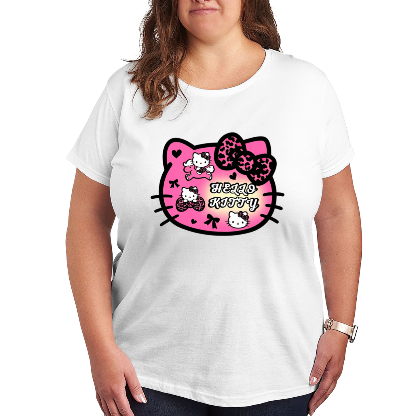 Y2K Leopard Bow Hello Kitty Head Plus?Size Graphic Tee