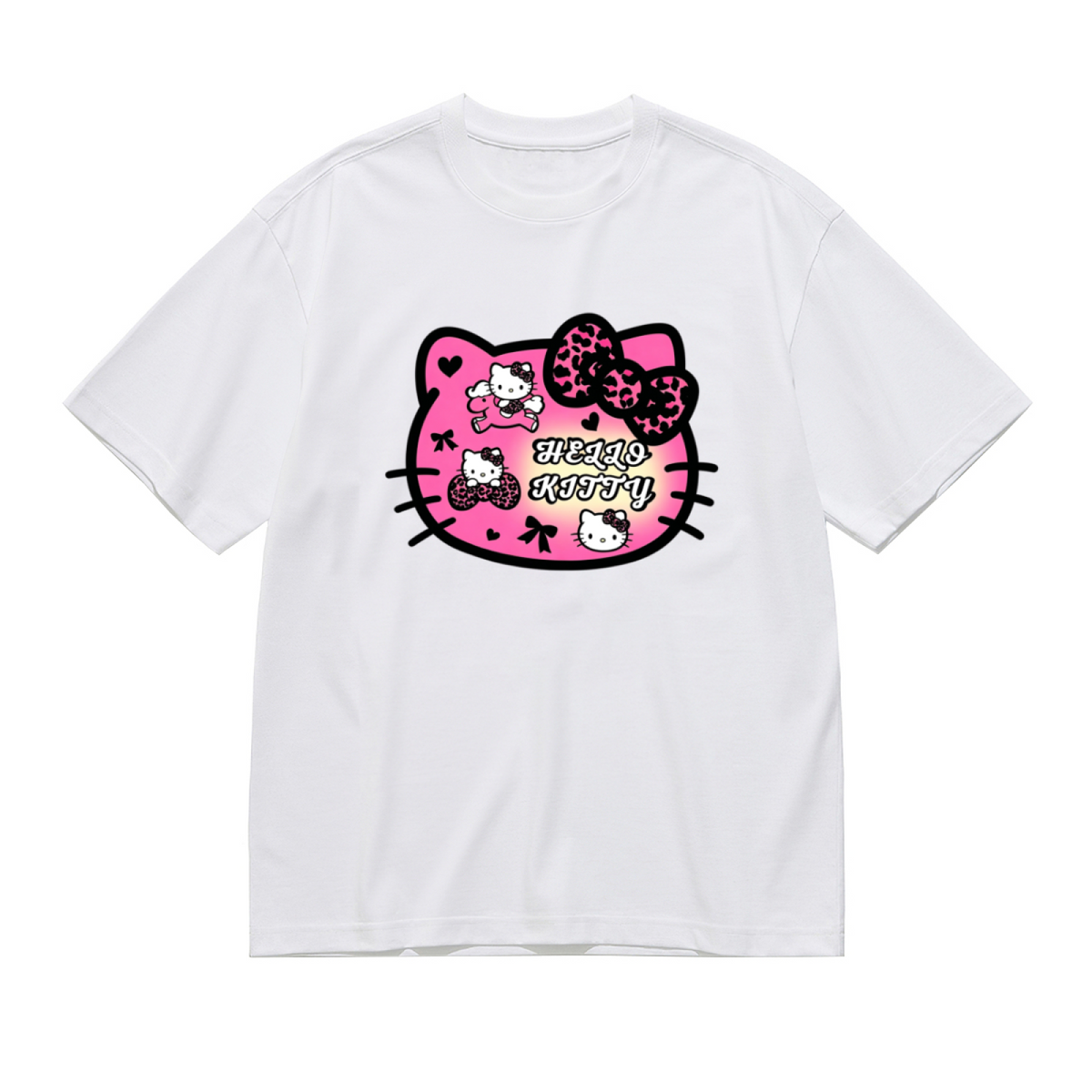 Y2K Leopard Bow Hello Kitty Head Plus?Size Graphic Tee