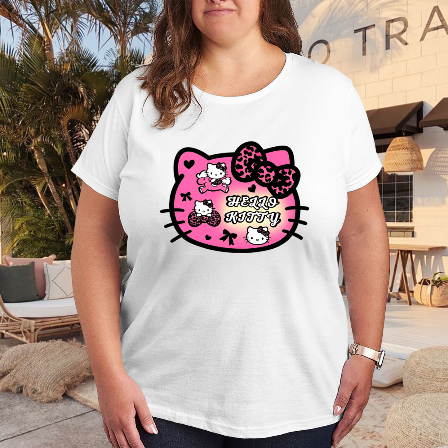 Y2K Leopard Bow Hello Kitty Head Plus?Size Graphic Tee