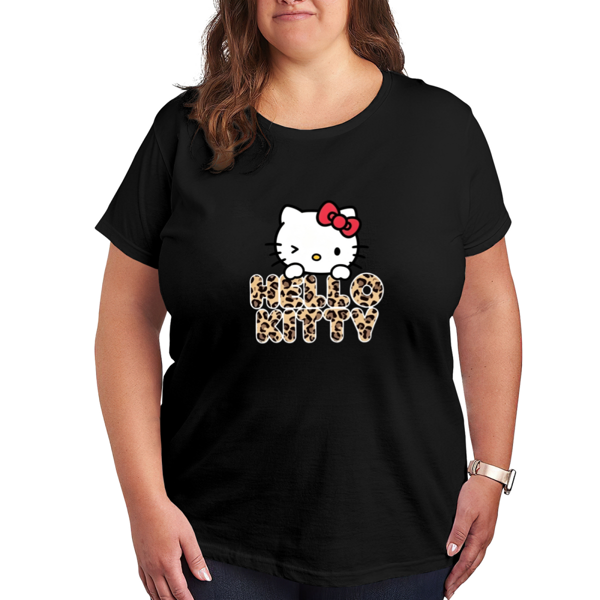 Leopard Font Hello Kitty Cute Streetwear Plus?Size Ladies Tee