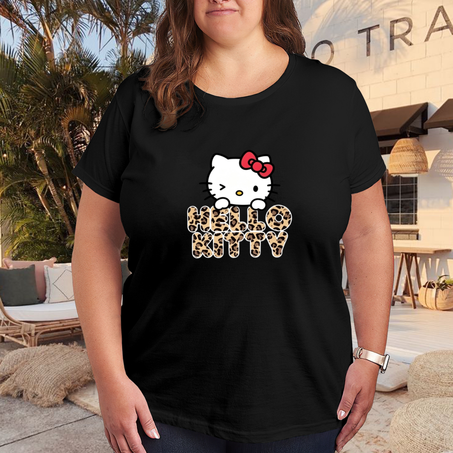 Leopard Font Hello Kitty Cute Streetwear Plus?Size Ladies Tee