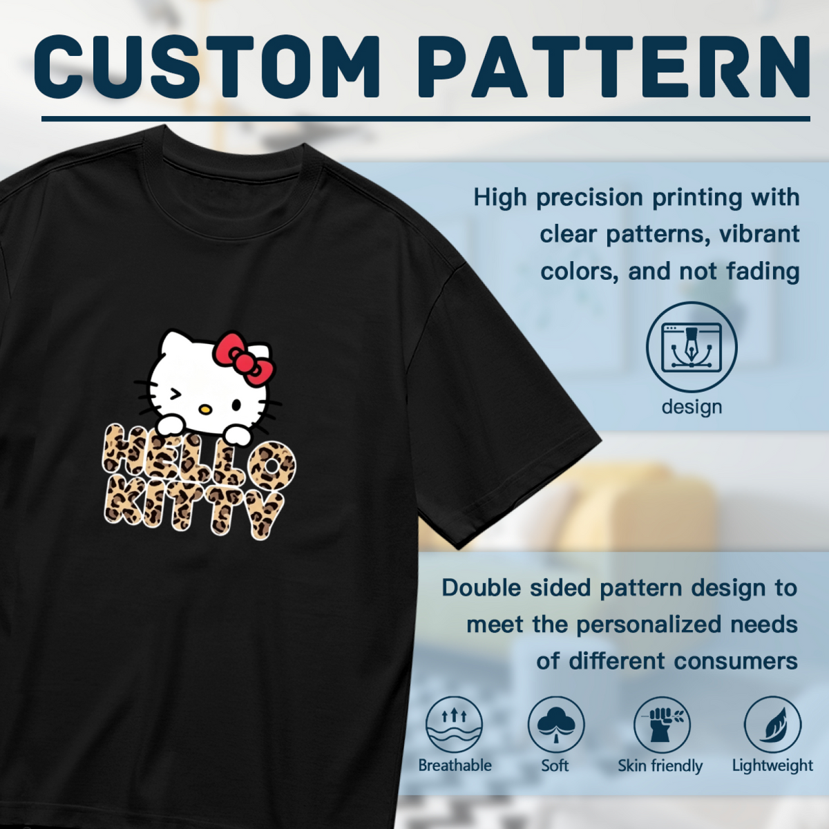 Leopard Font Hello Kitty Cute Streetwear Plus?Size Ladies Tee