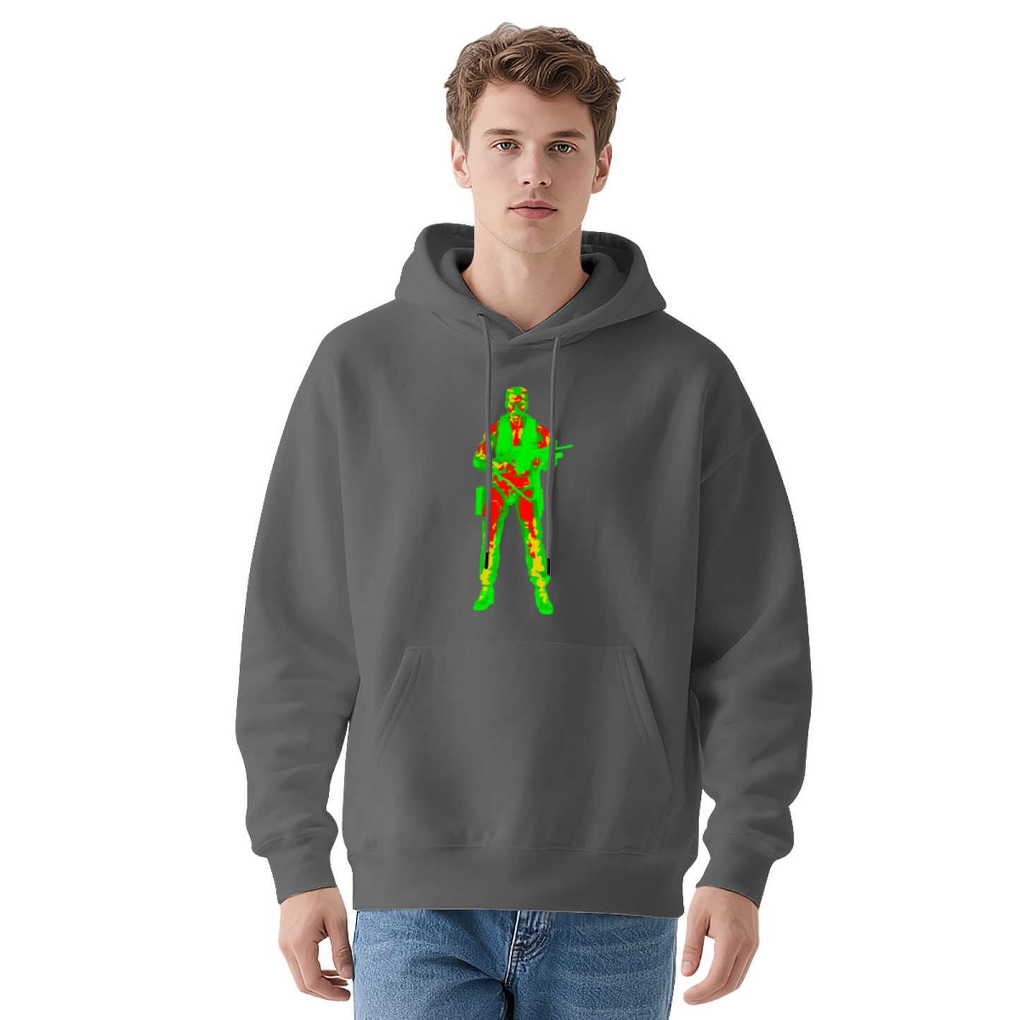 Cool Thermal Vision Soldier Print White Hoodie, Men Comfort Street Sweatshirt