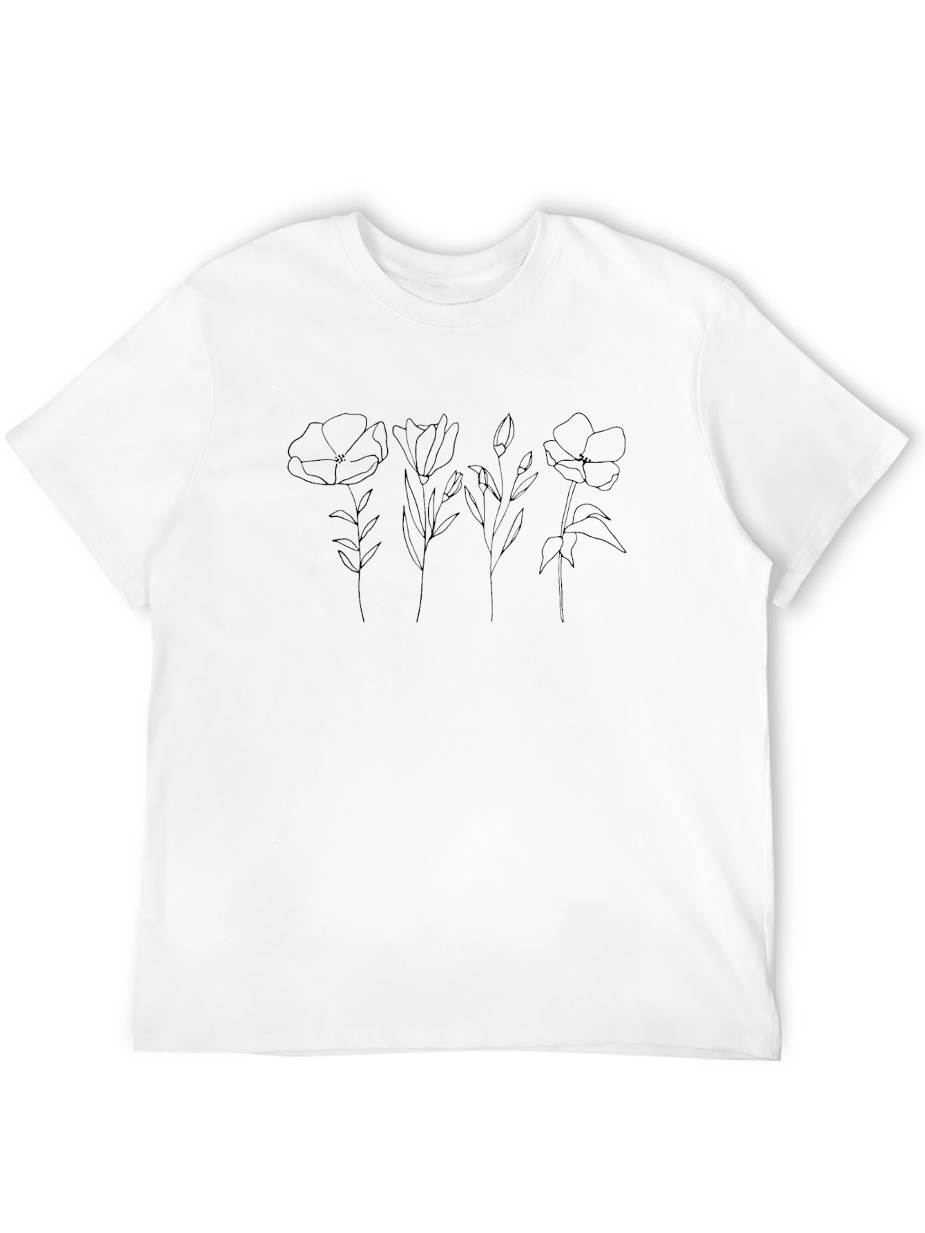 Minimalist Floral Line Art Black T-Shirt