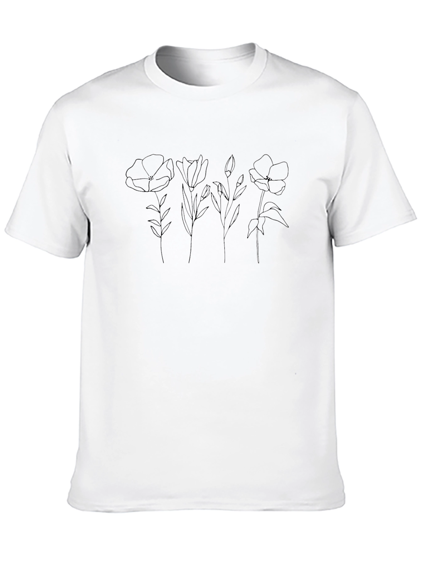 Minimalist Floral Line Art Black T-Shirt