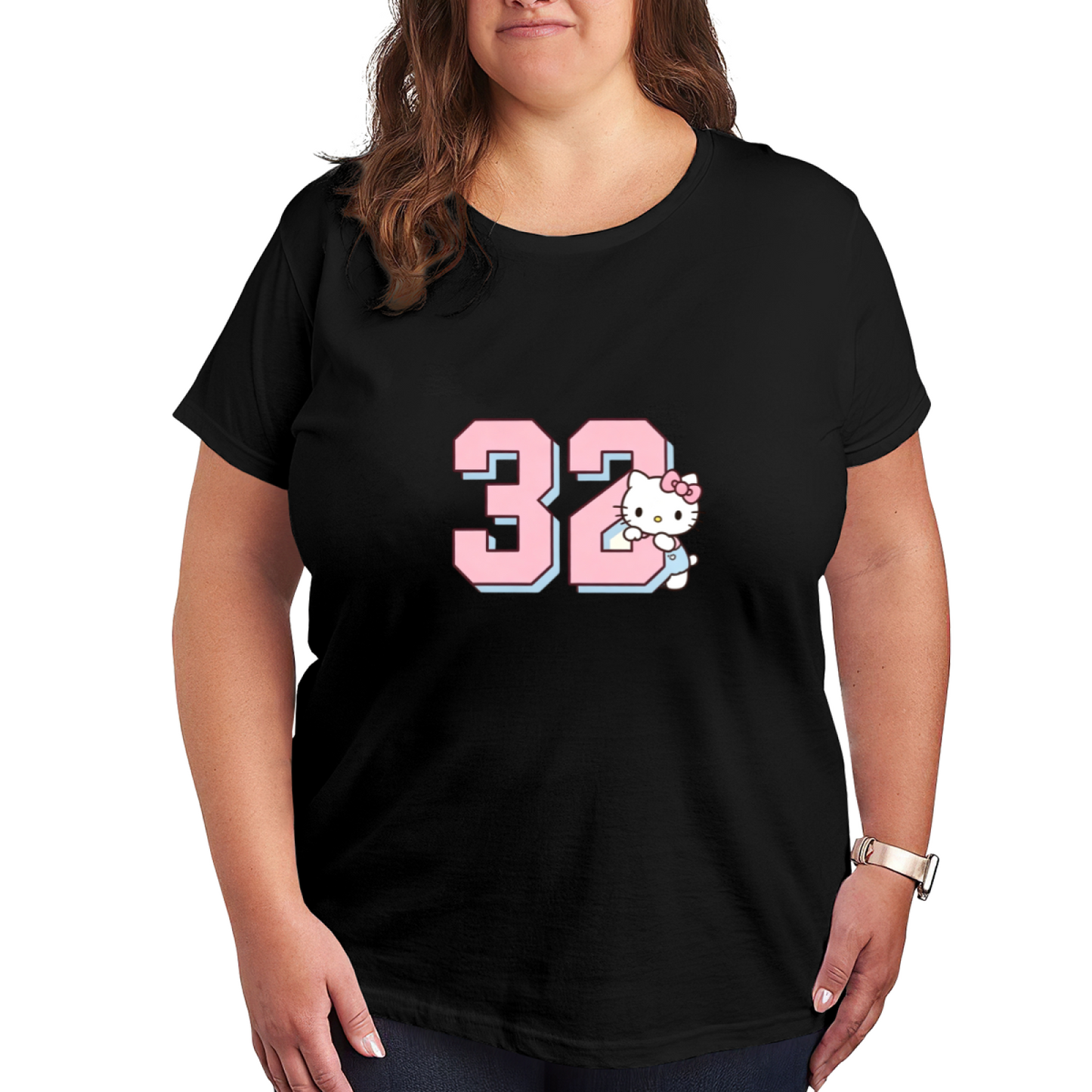 Plus Size Women Sport?Vibe Hello Kitty 32 Number Pink Graphic T?Shirt