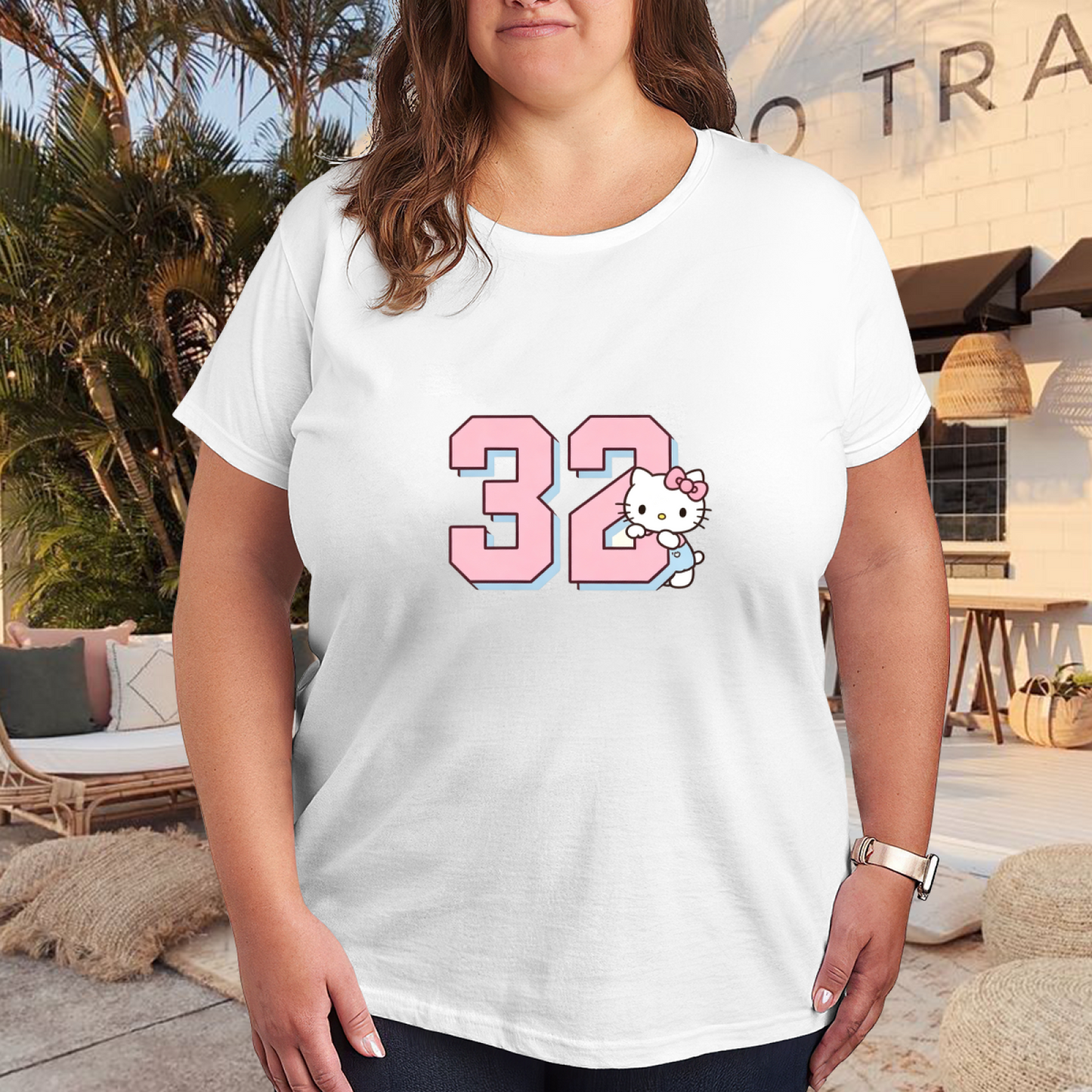 Plus Size Women Sport?Vibe Hello Kitty 32 Number Pink Graphic T?Shirt