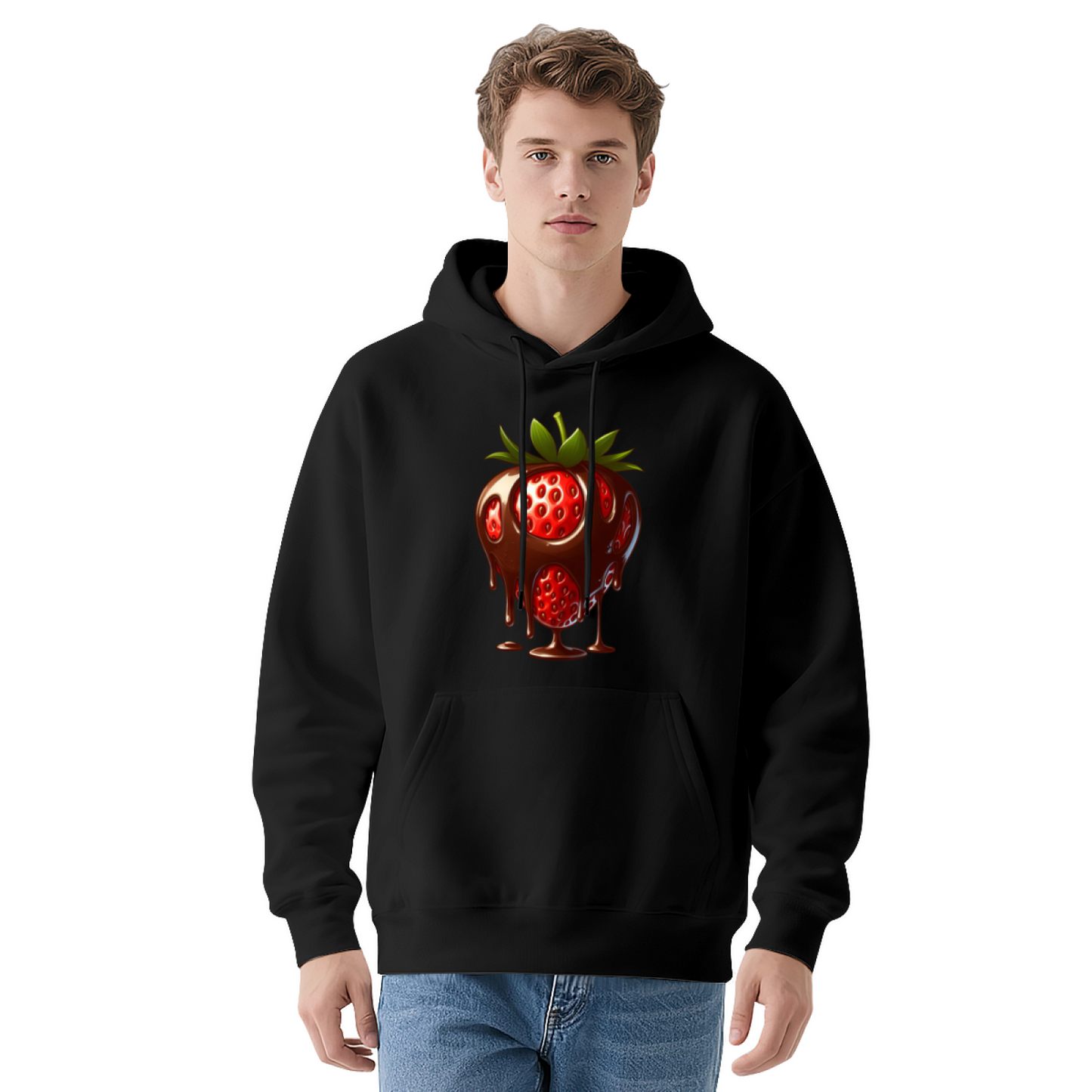Cute Dripping Chocolate Strawberry White Hoodie, Soft Comfort Sweet Daily Wear