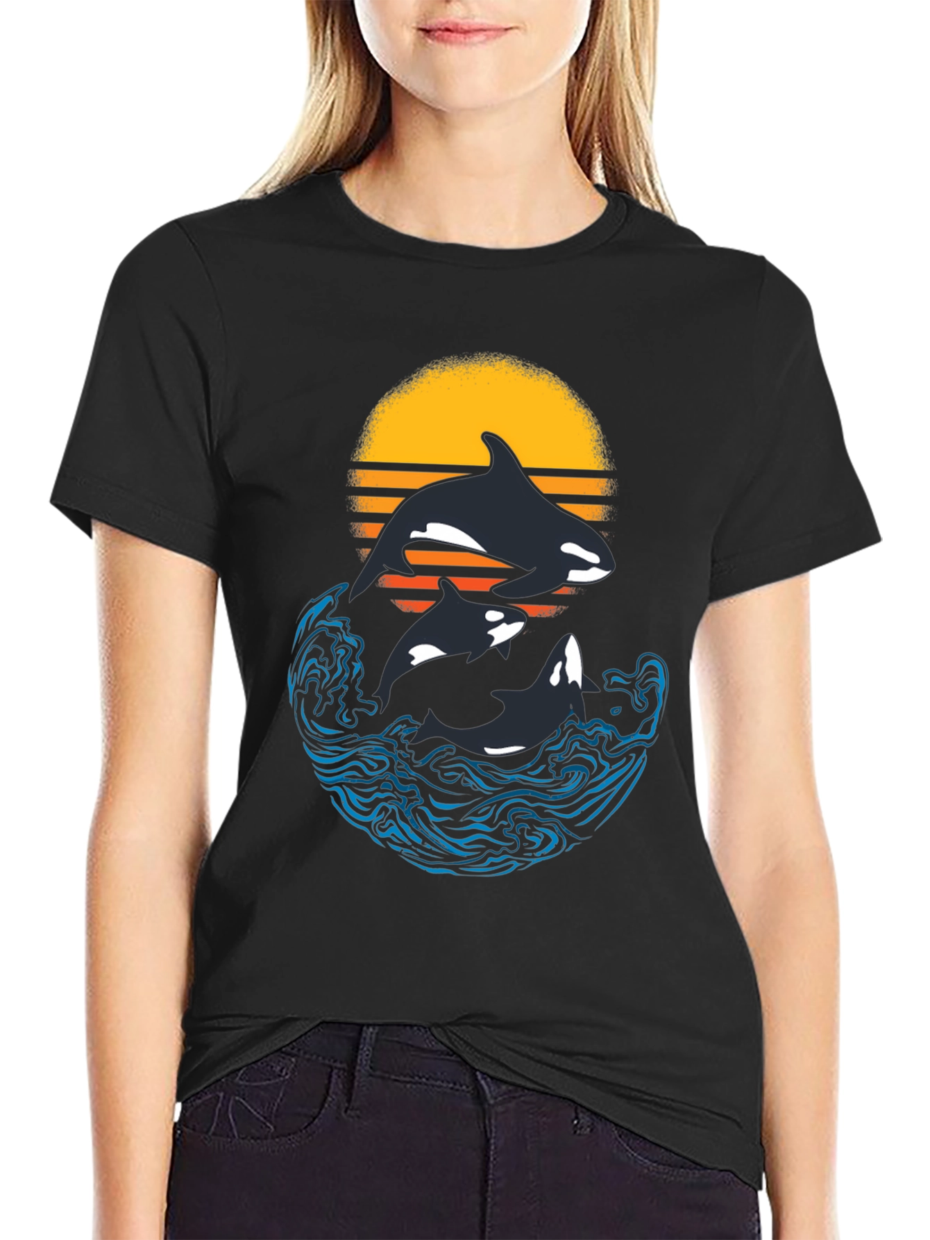 Orca Sunset Graphic T-Shirt - Black