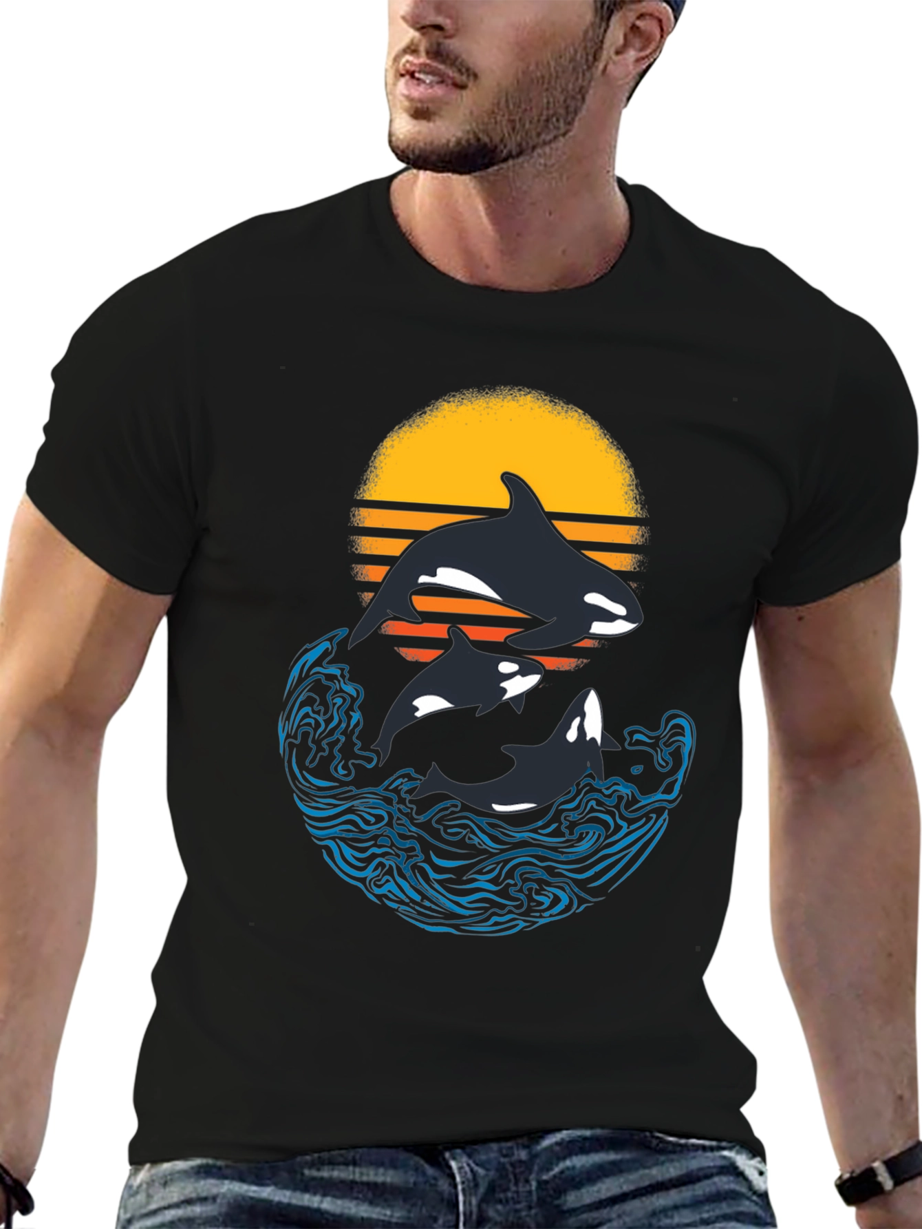 Orca Sunset Graphic T-Shirt - Black