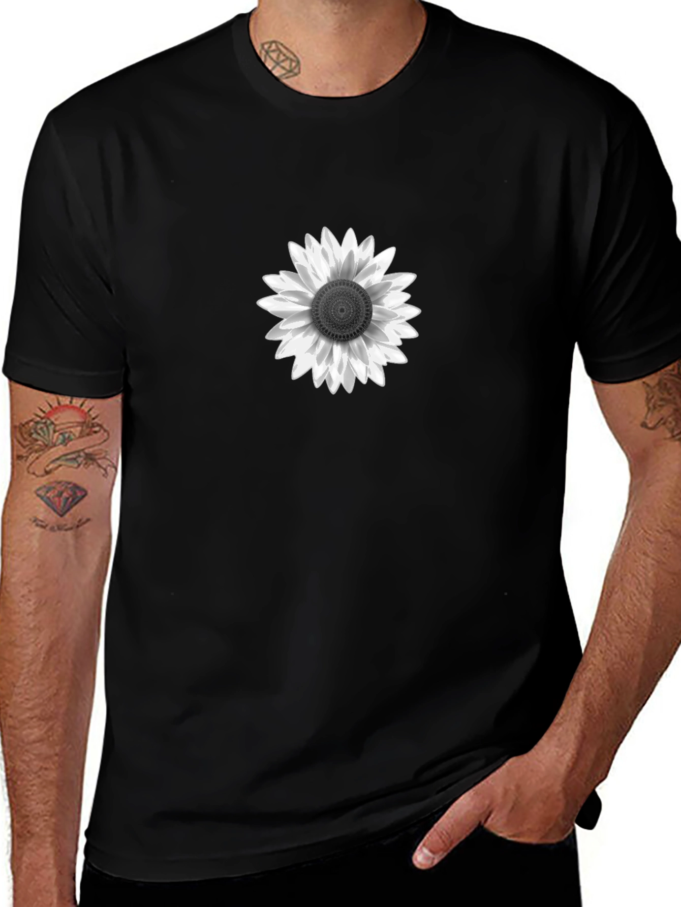 Black T-Shirt with White Sunflower Graphic