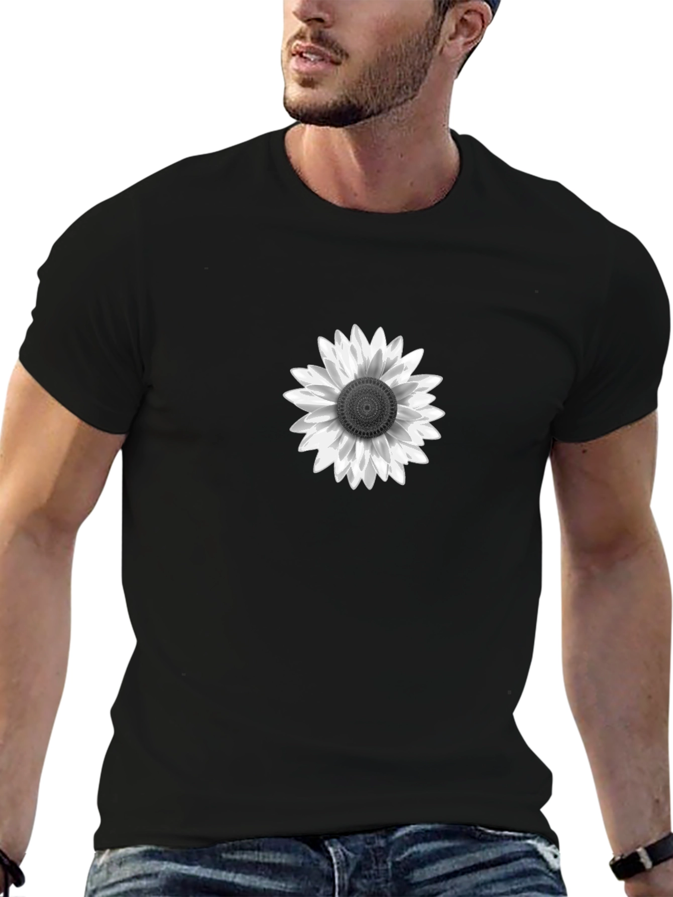 Black T-Shirt with White Sunflower Graphic