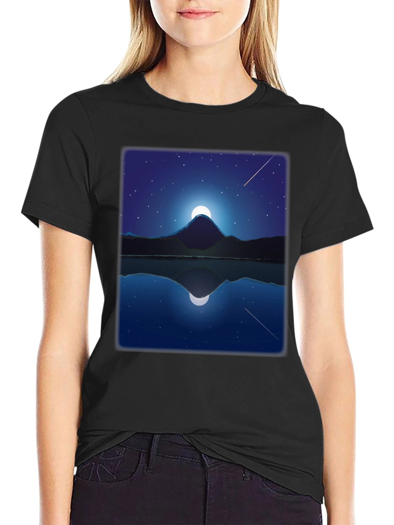 Night Mountain Reflection Graphic Tee - Black