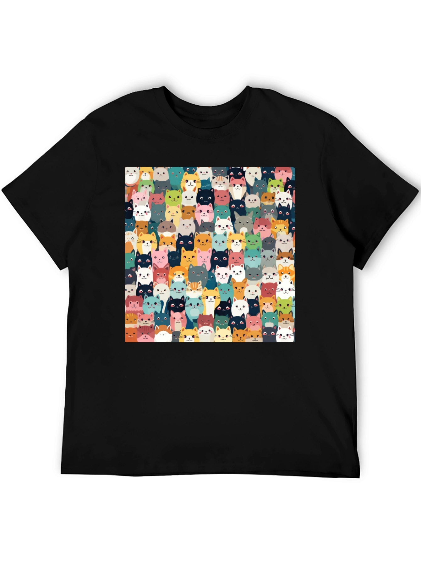 Cute Cats Pattern Black T-Shirt
