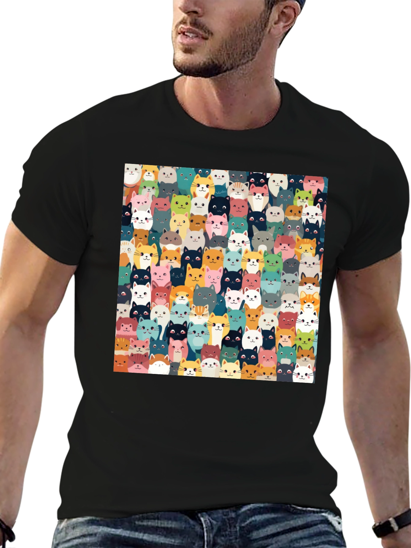 Cute Cats Pattern Black T-Shirt