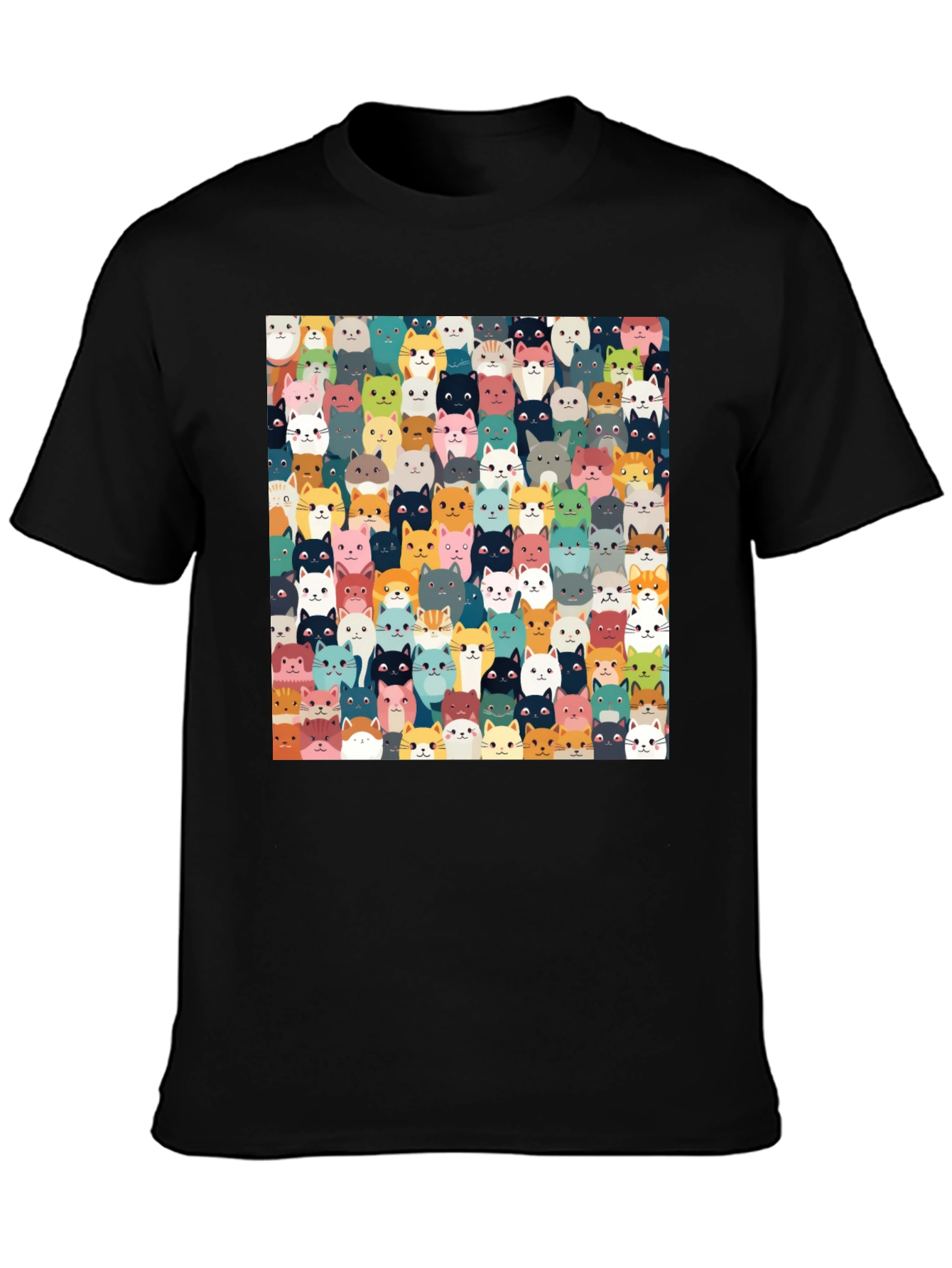 Cute Cats Pattern Black T-Shirt