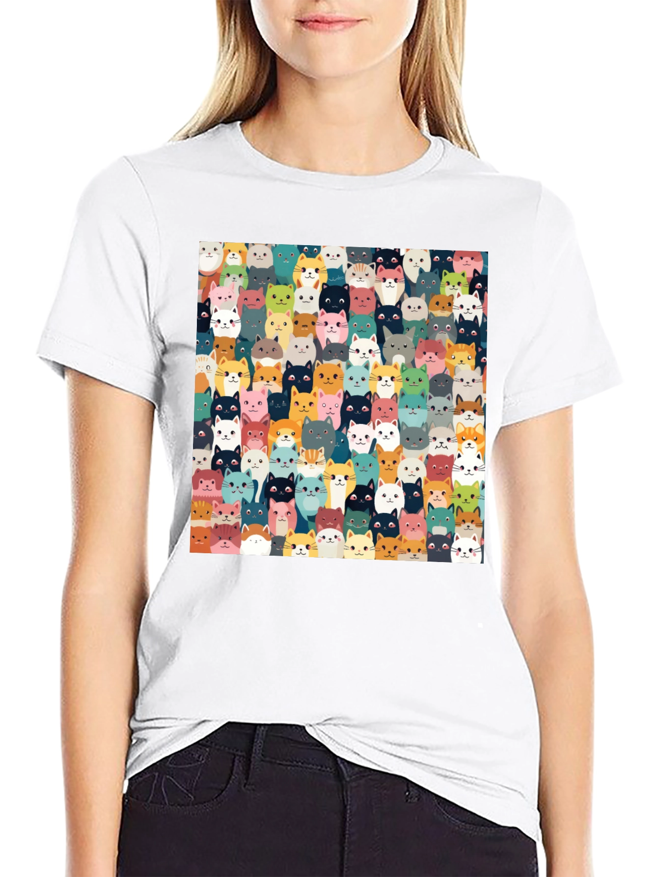 Cute Cats Pattern Black T-Shirt