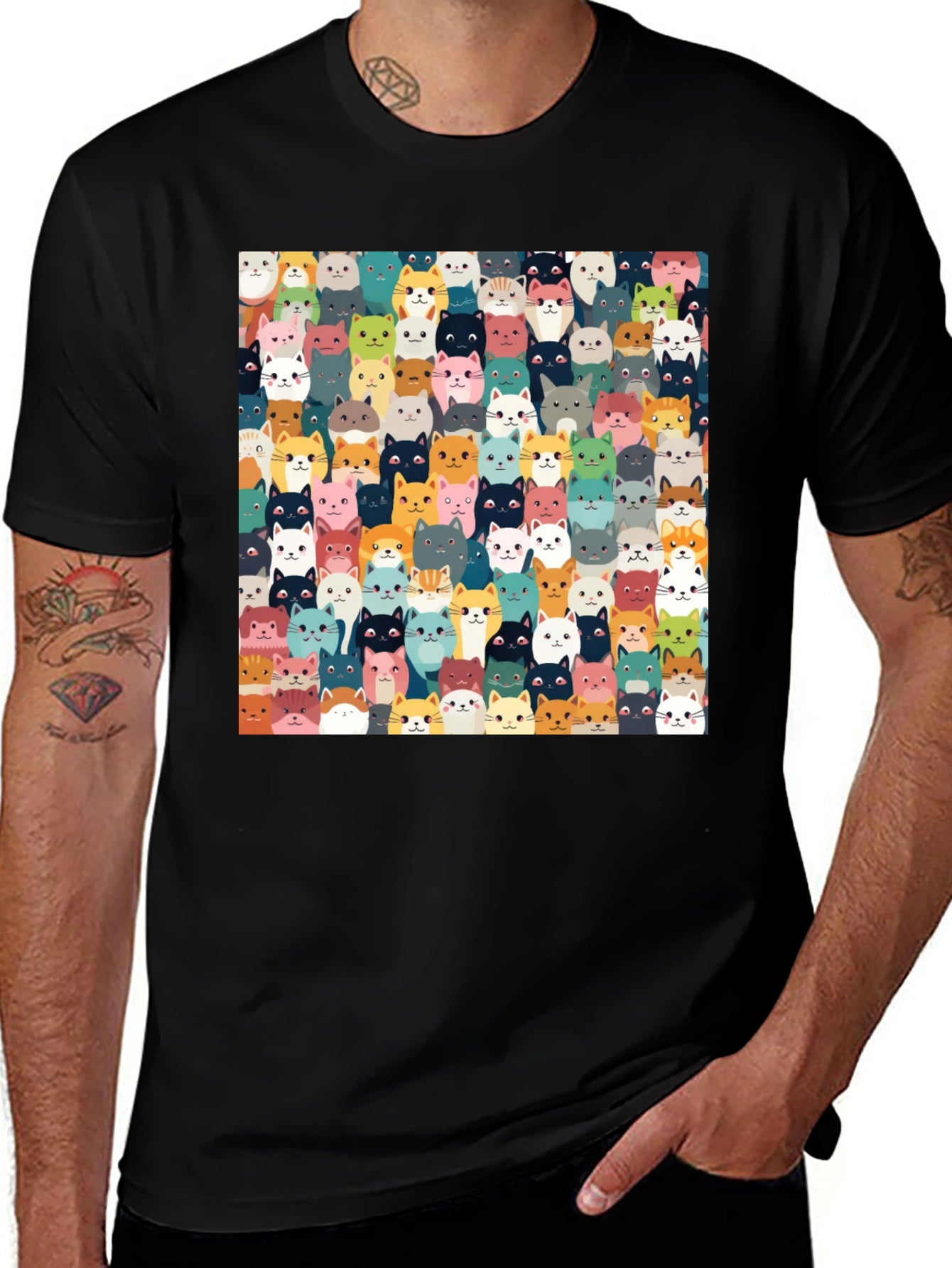 Cute Cats Pattern Black T-Shirt