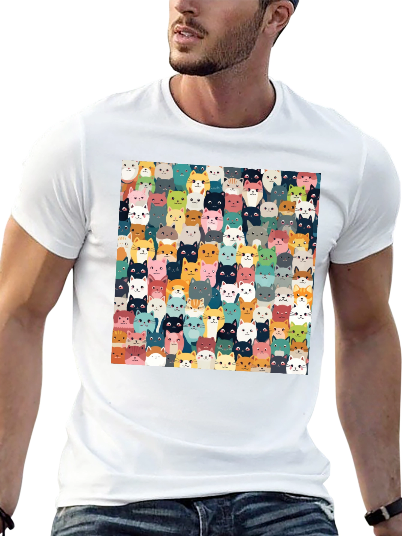 Cute Cats Pattern Black T-Shirt