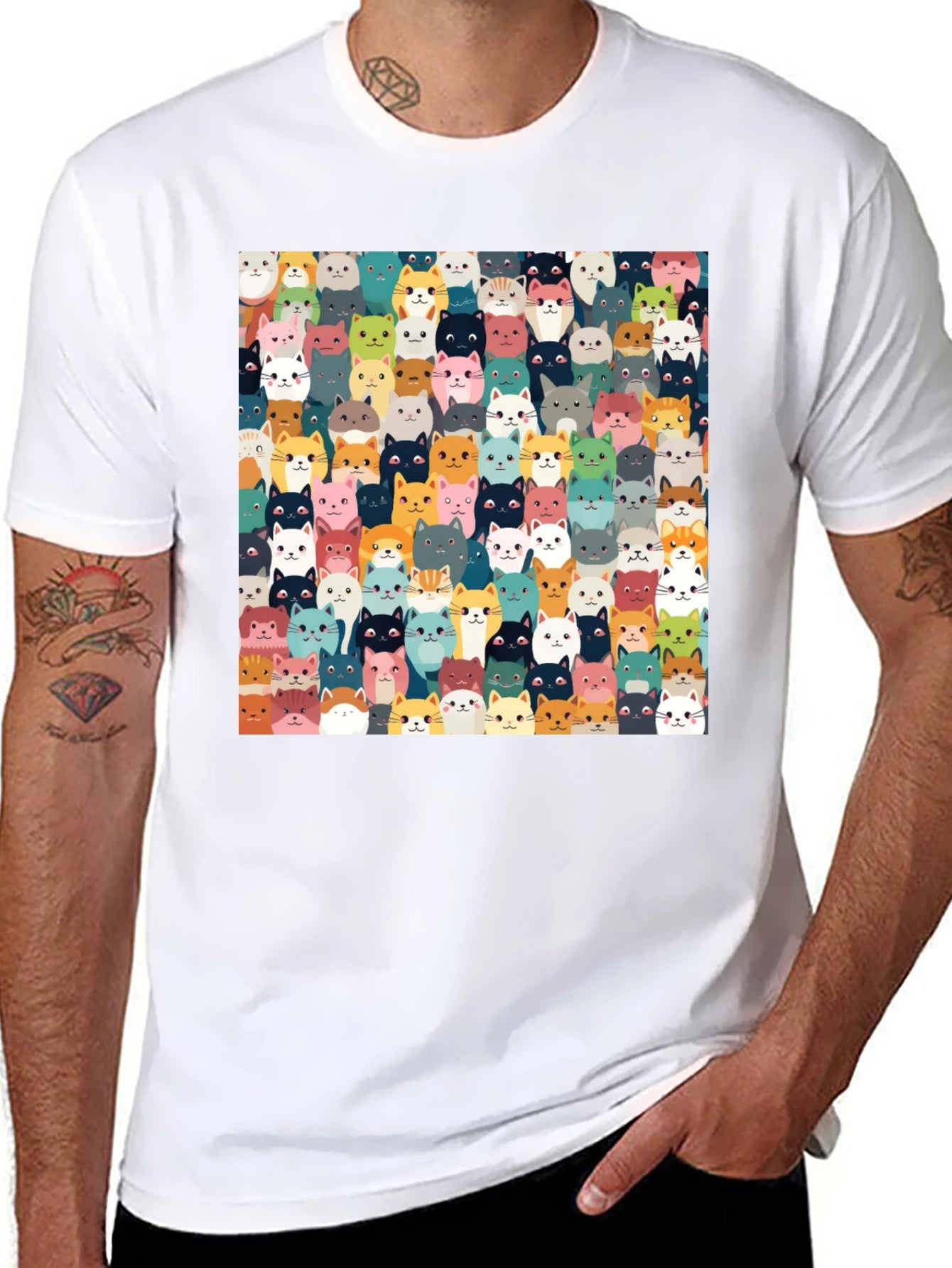 Cute Cats Pattern Black T-Shirt