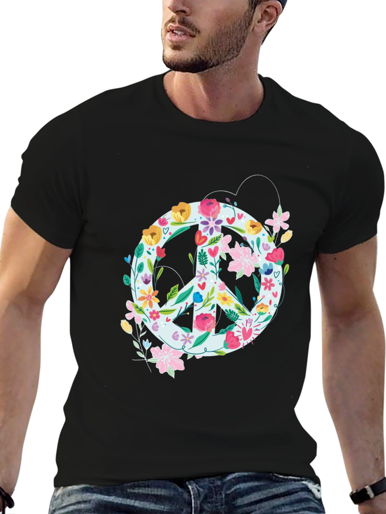 Floral Peace Sign Graphic Tee - Black