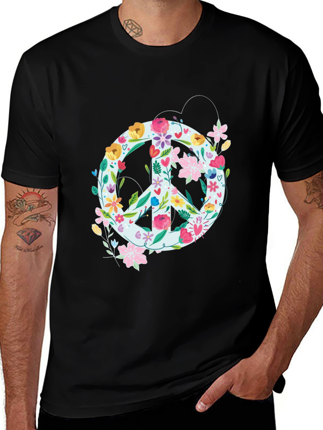 Floral Peace Sign Graphic Tee - Black