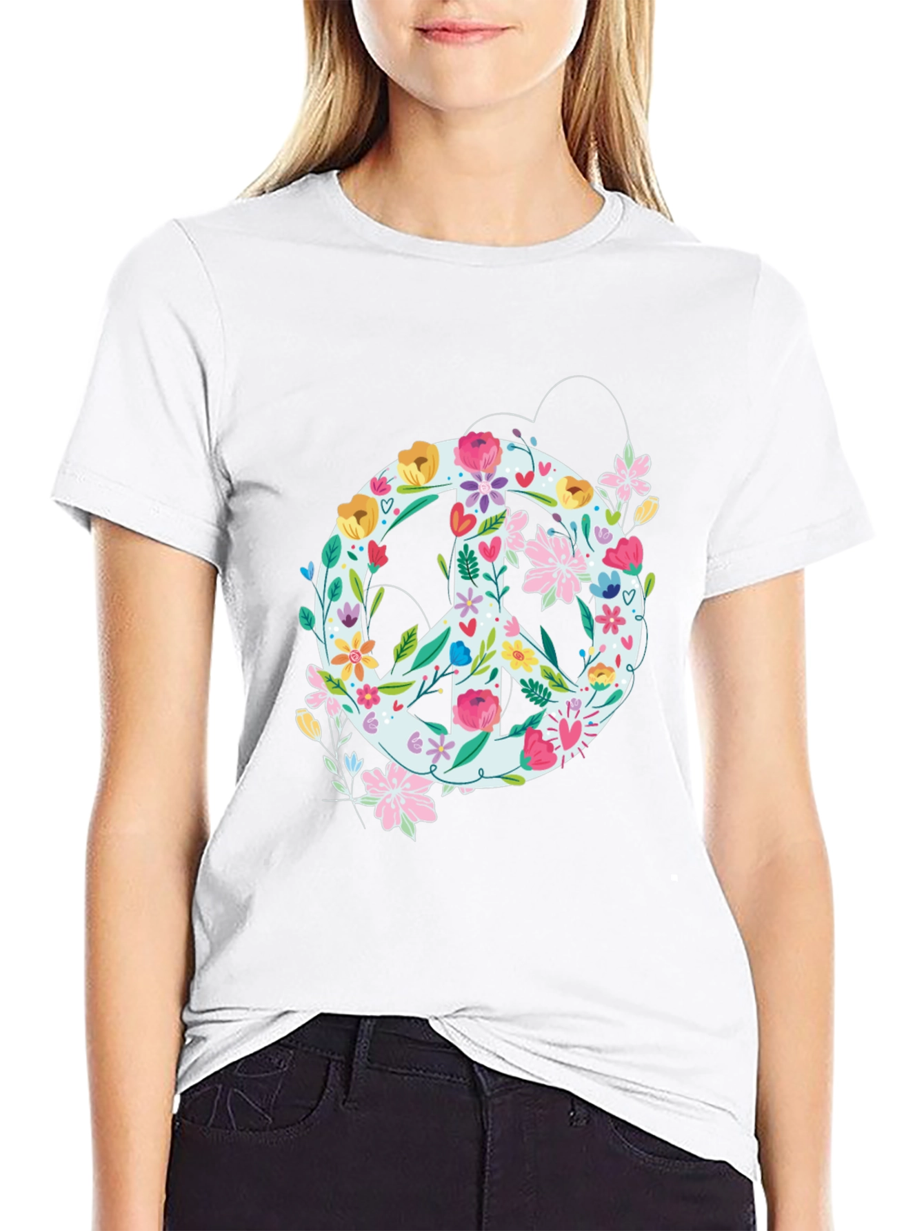 Floral Peace Sign Graphic Tee - Black