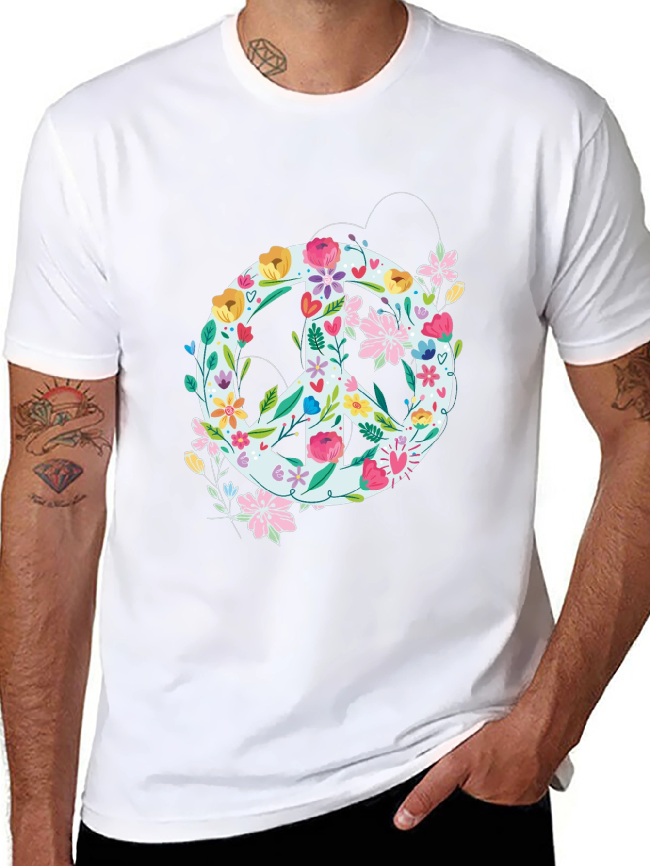 Floral Peace Sign Graphic Tee - Black