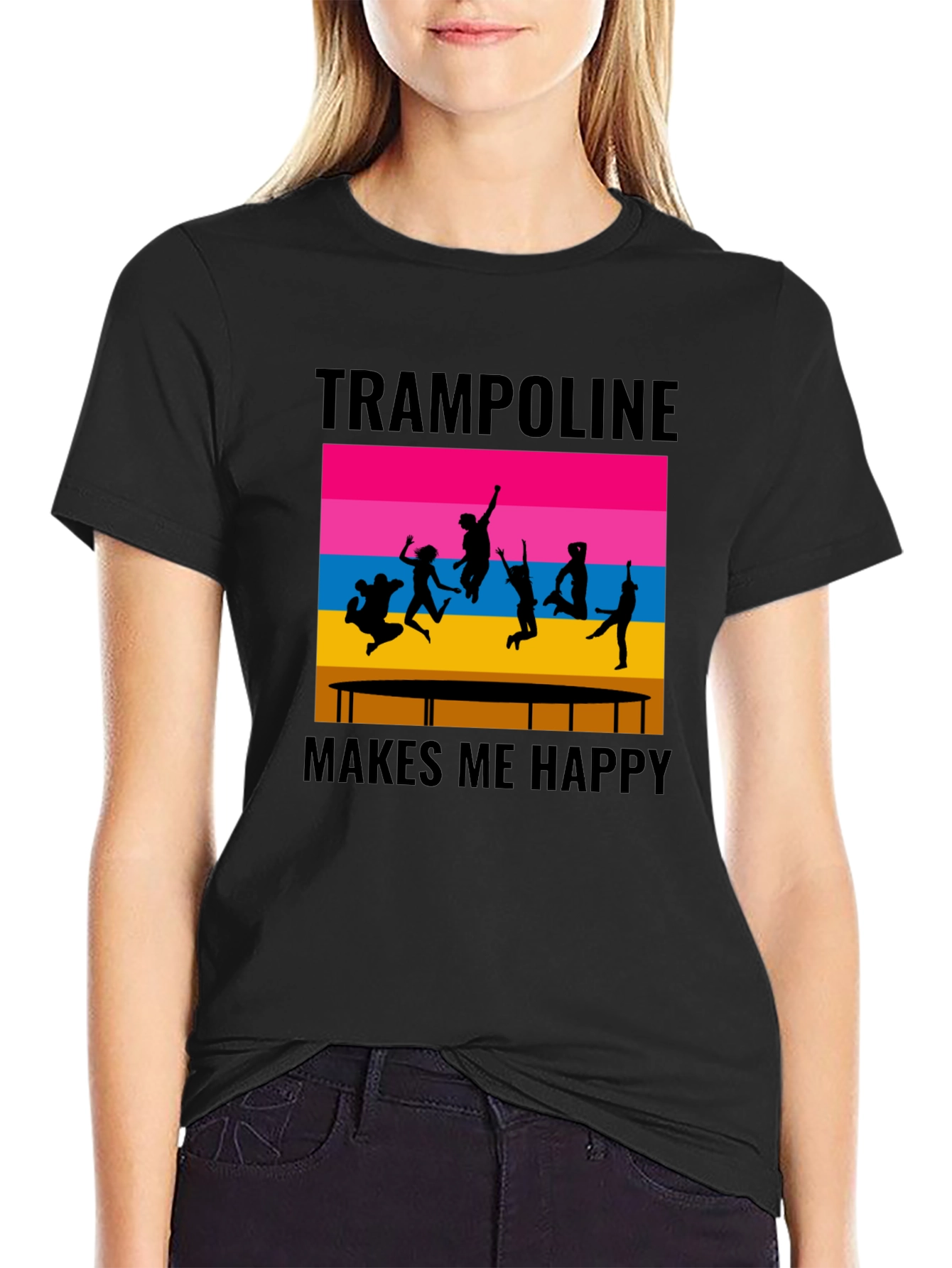 Trampoline Makes Me Happy Black Graphic T-Shirt