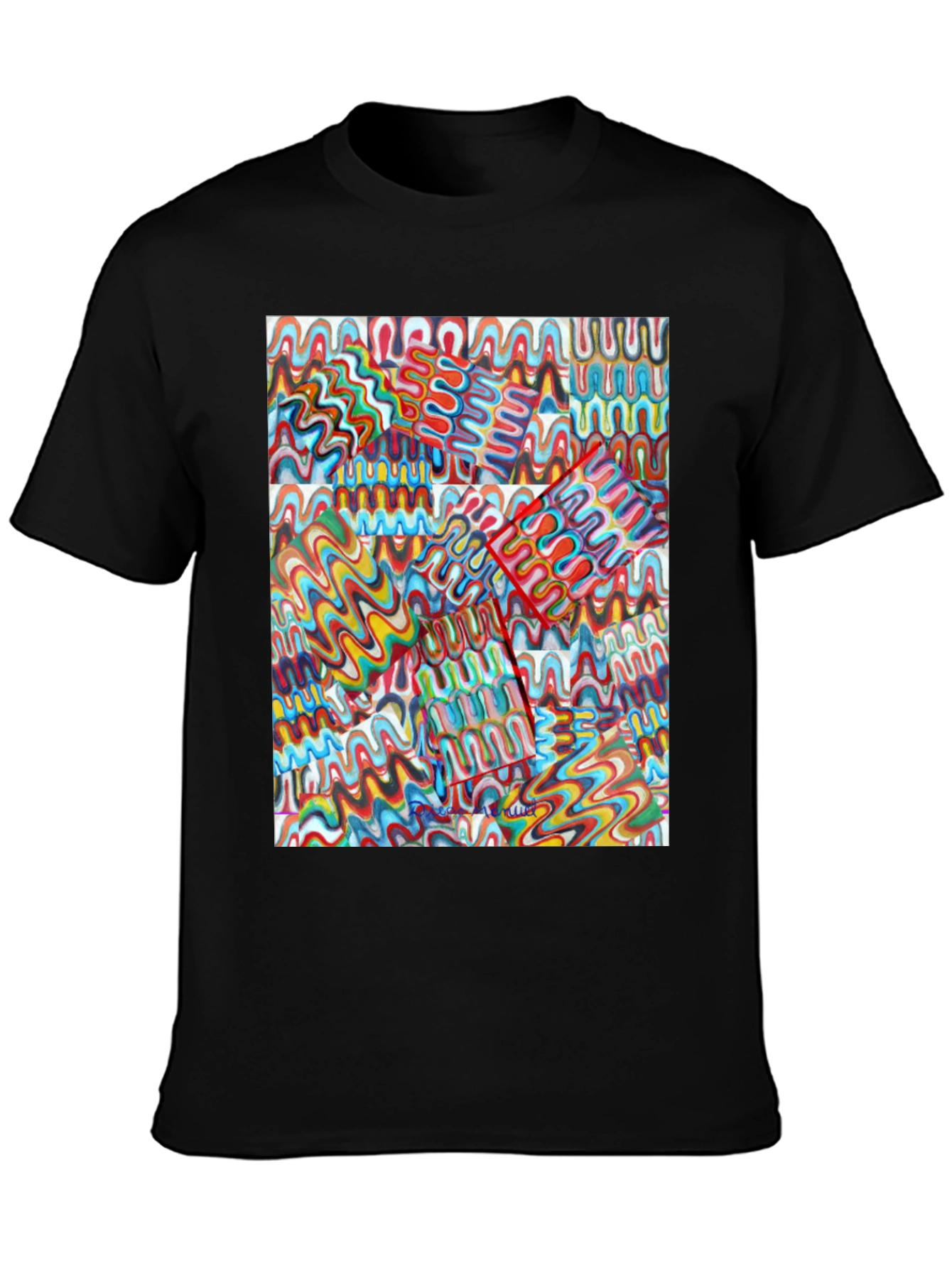 Abstract Wavy Line Pattern Black T-Shirt