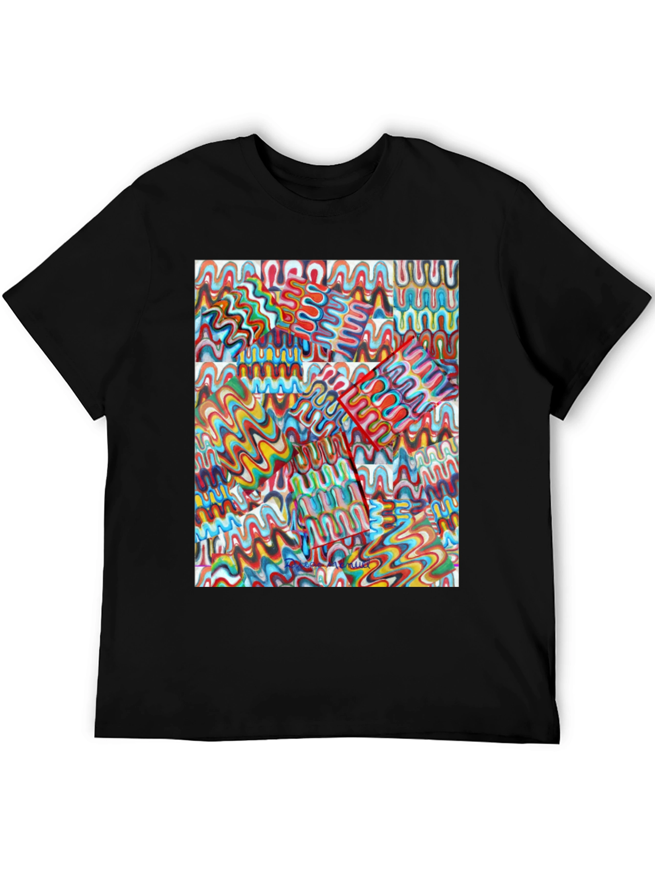 Abstract Wavy Line Pattern Black T-Shirt