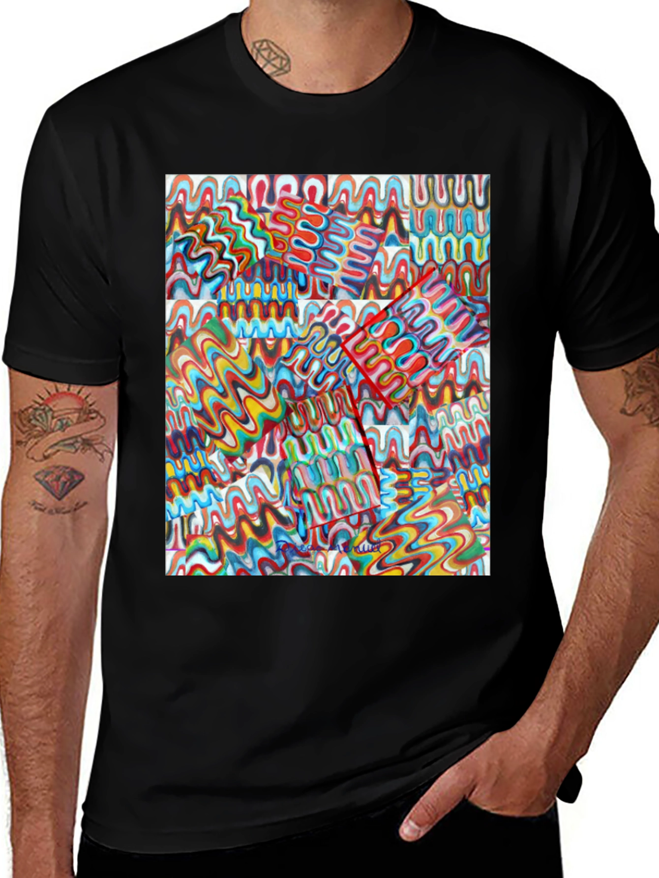 Abstract Wavy Line Pattern Black T-Shirt