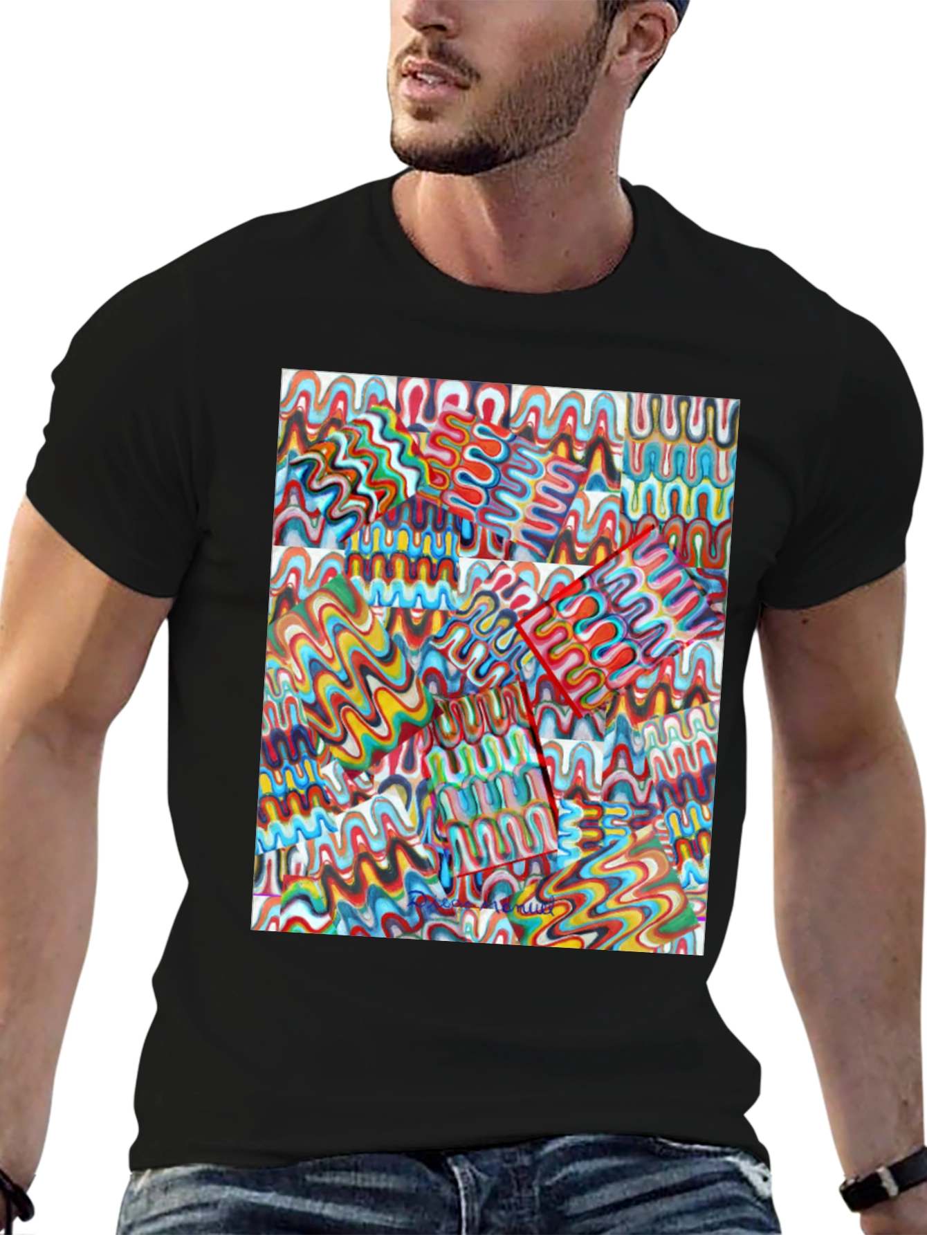 Abstract Wavy Line Pattern Black T-Shirt